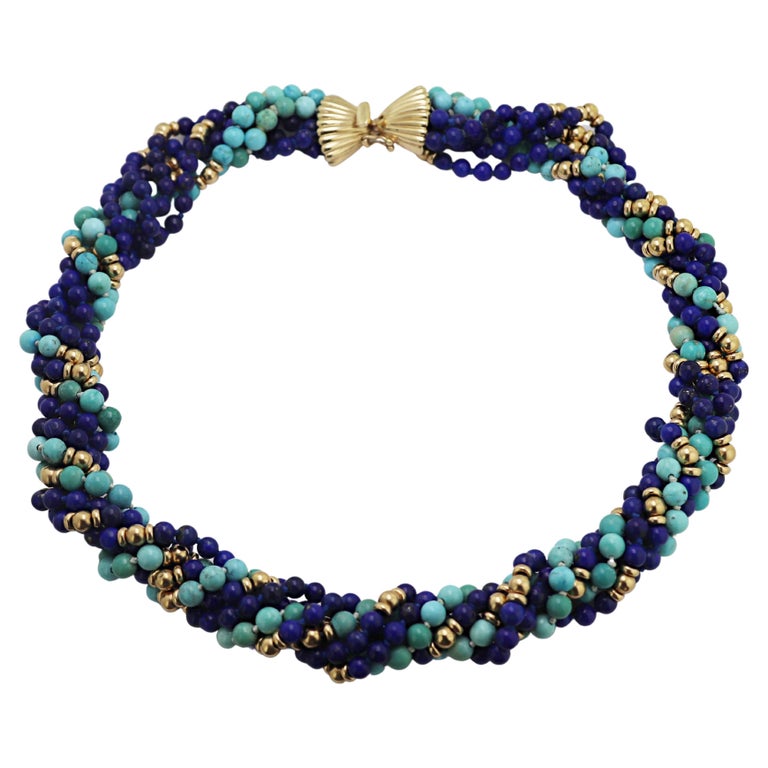 Lapis Lazuli, and Turquoise Bead, Yellow Gold Multi-Strand Necklace For ...
