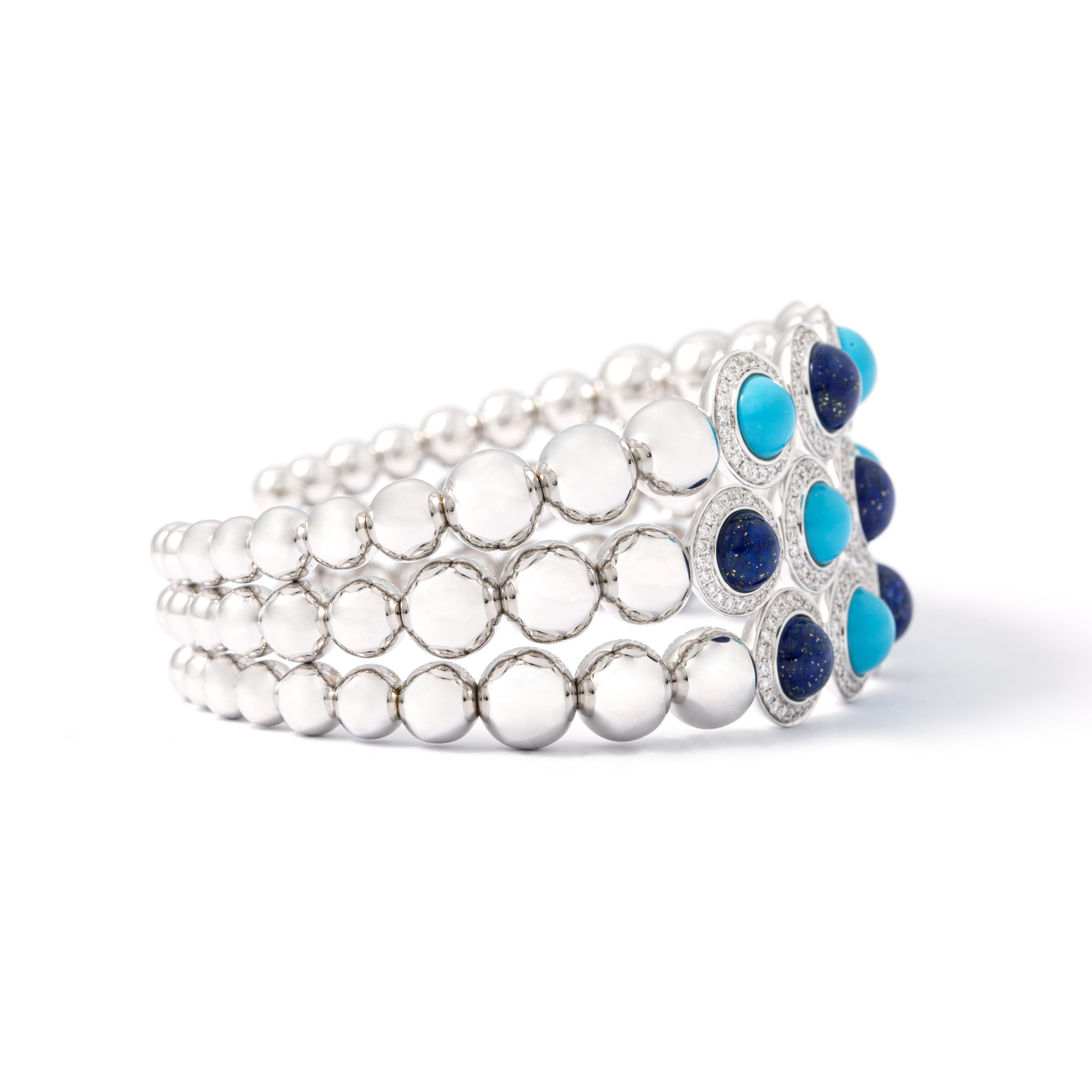 Contemporary Lapis Lazuli and Turquoise Diamond Bangle For Sale