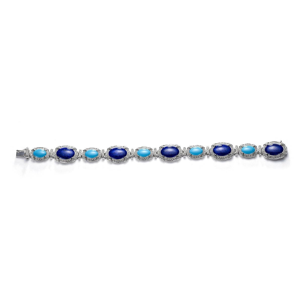 Bracelet in 18kt white gold set with 290 diamonds 2.47 cts, 5 lapis lazuli 9.54 cts and 5 turquoises 2.39 cts        