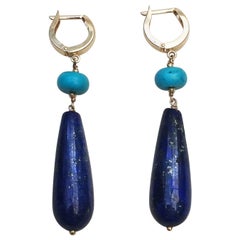 Lapis Lazuli and Turquoise Earrings with 14 Karat Gold Beads and Lever Backs