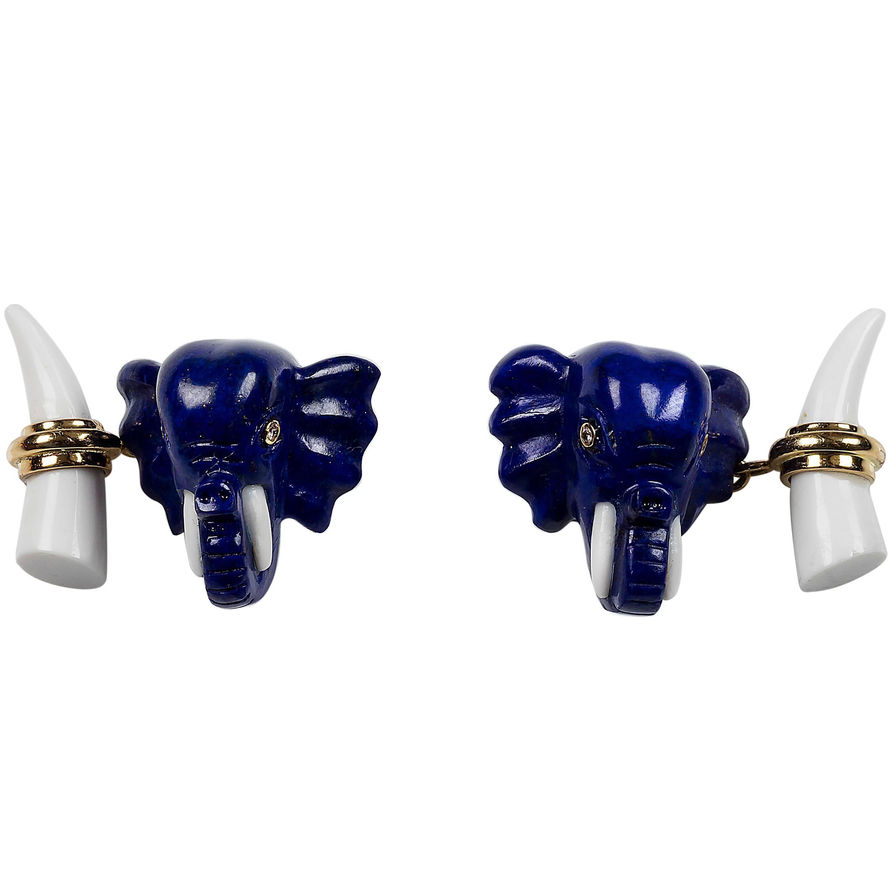Lapis Lazuli and White Agate Elephant Heads Diamond Gold Cufflinks