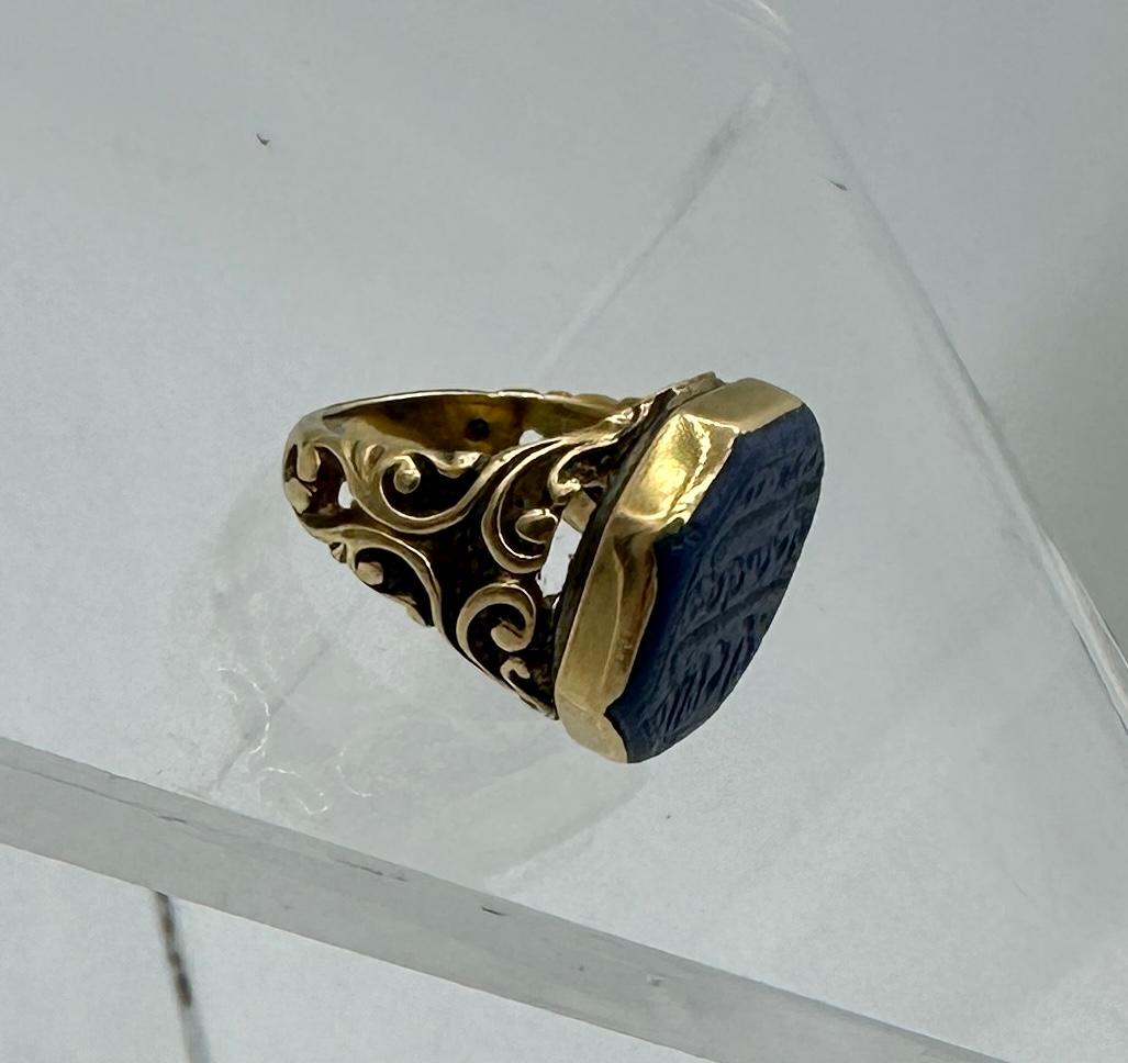 Octagon Cut Lapis Lazuli Arabic Heiroglyphic Ring Egyptian Revival Antique 18 Karat Gold For Sale
