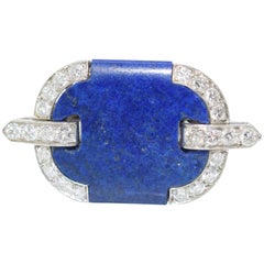 Antique Lapis Lazuli Art Deco Clip Brooch Diamonds Platinum