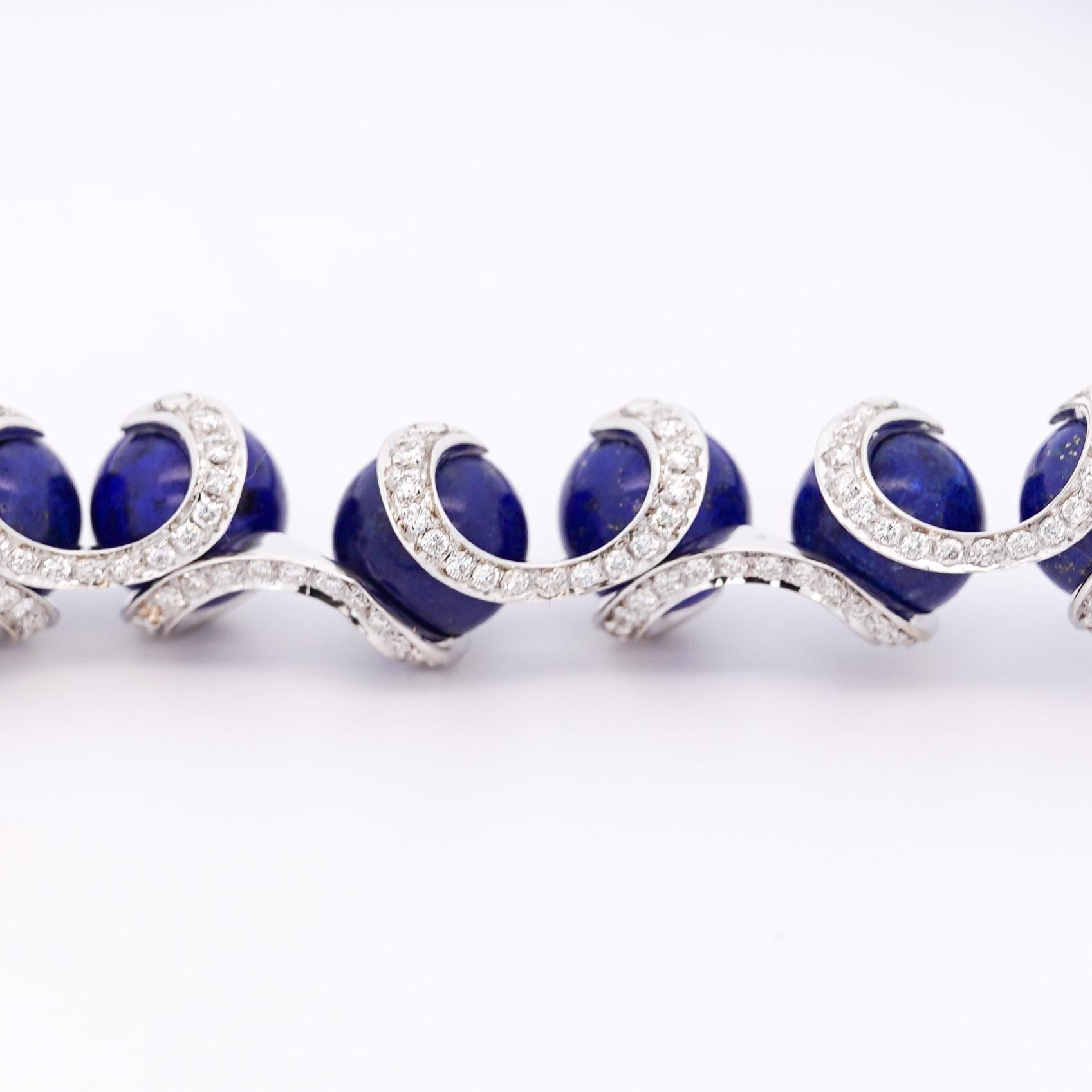Lapis Lazuli Ball and Diamond 18K White Gold Choker Necklace Signed BIBIGI For Sale 4