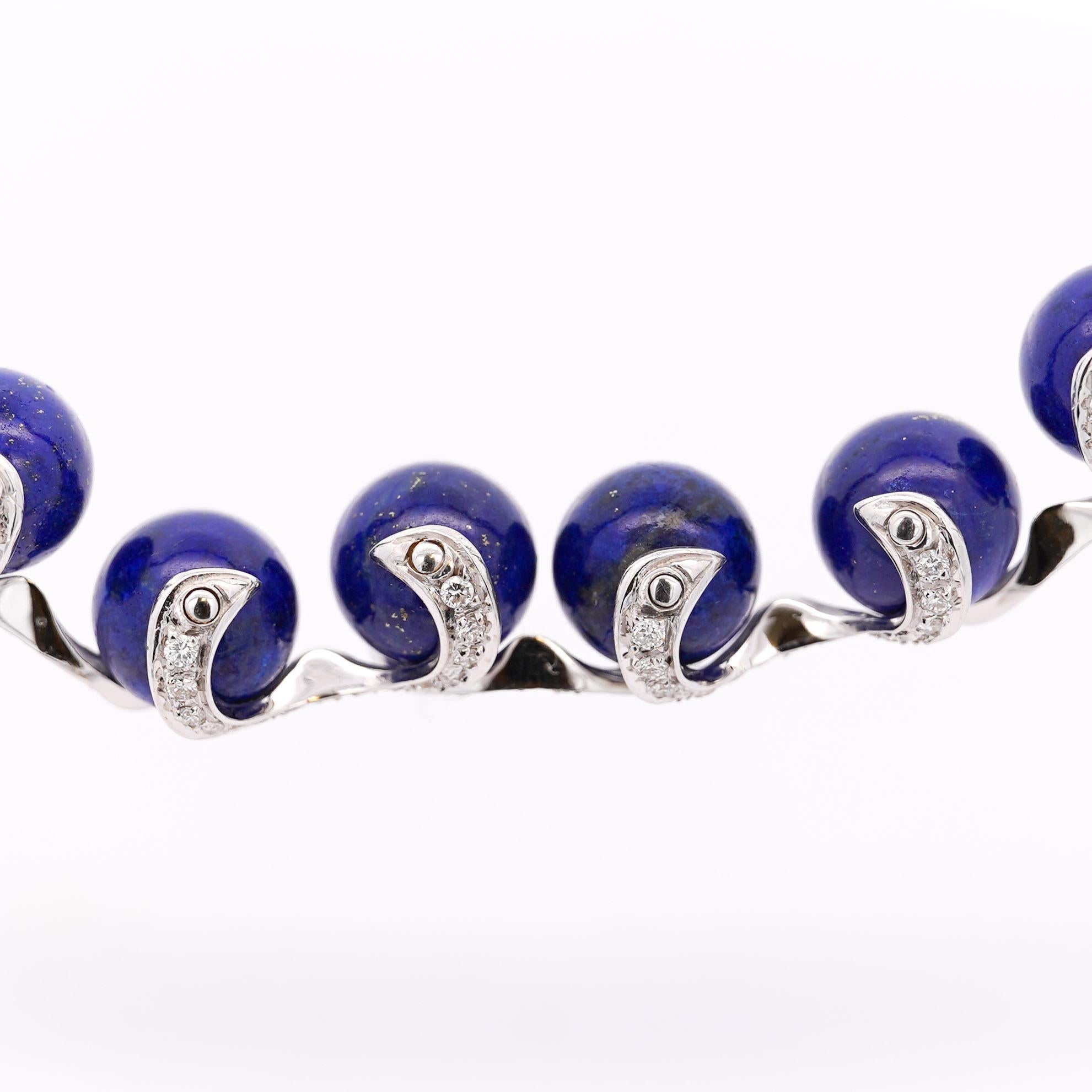 Lapis Lazuli Ball and Diamond 18K White Gold Choker Necklace Signed BIBIGI For Sale 6