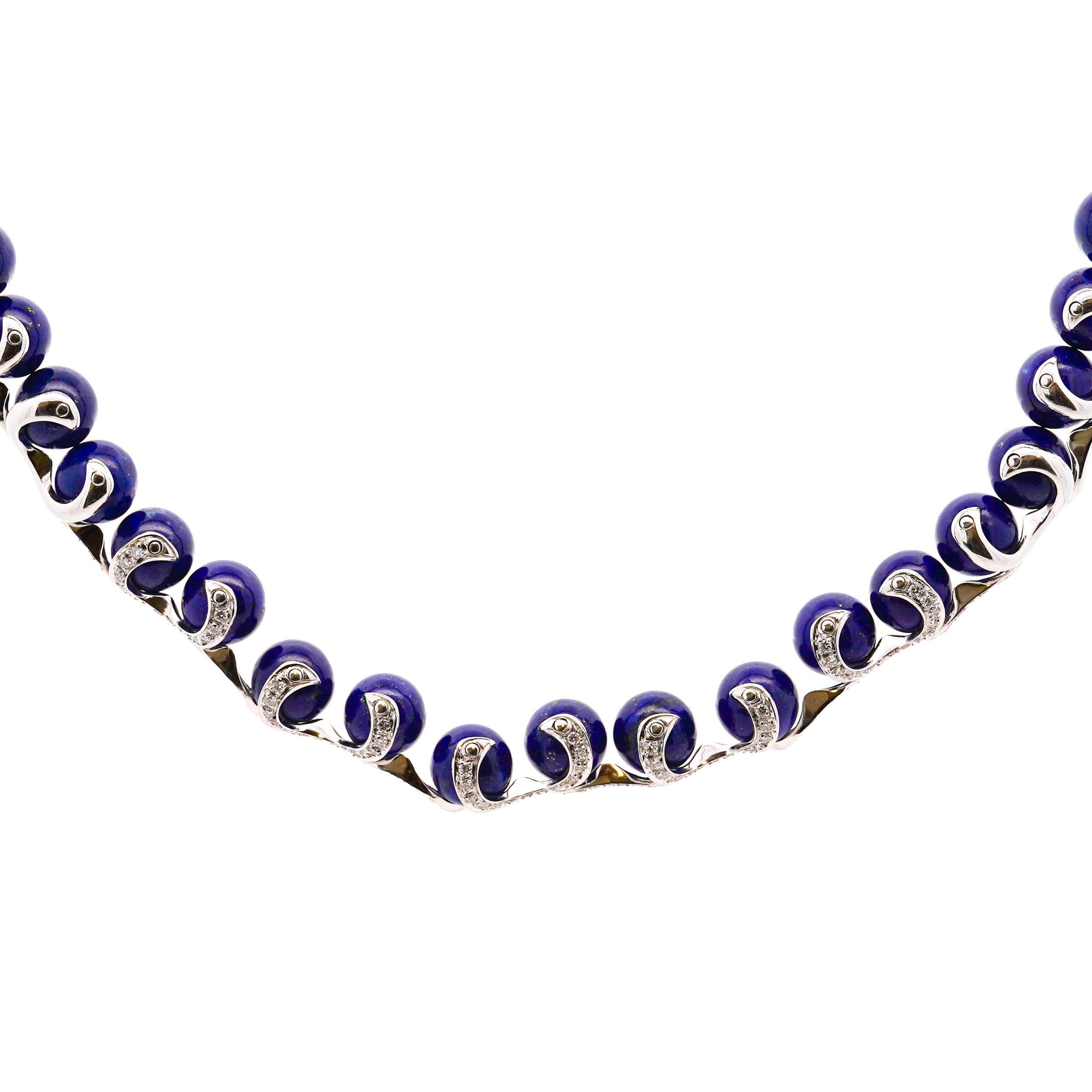 Collana girocollo con sfere di lapislazzuli e diamanti in oro bianco 18 carati firmata Bibigi in vendita 7
