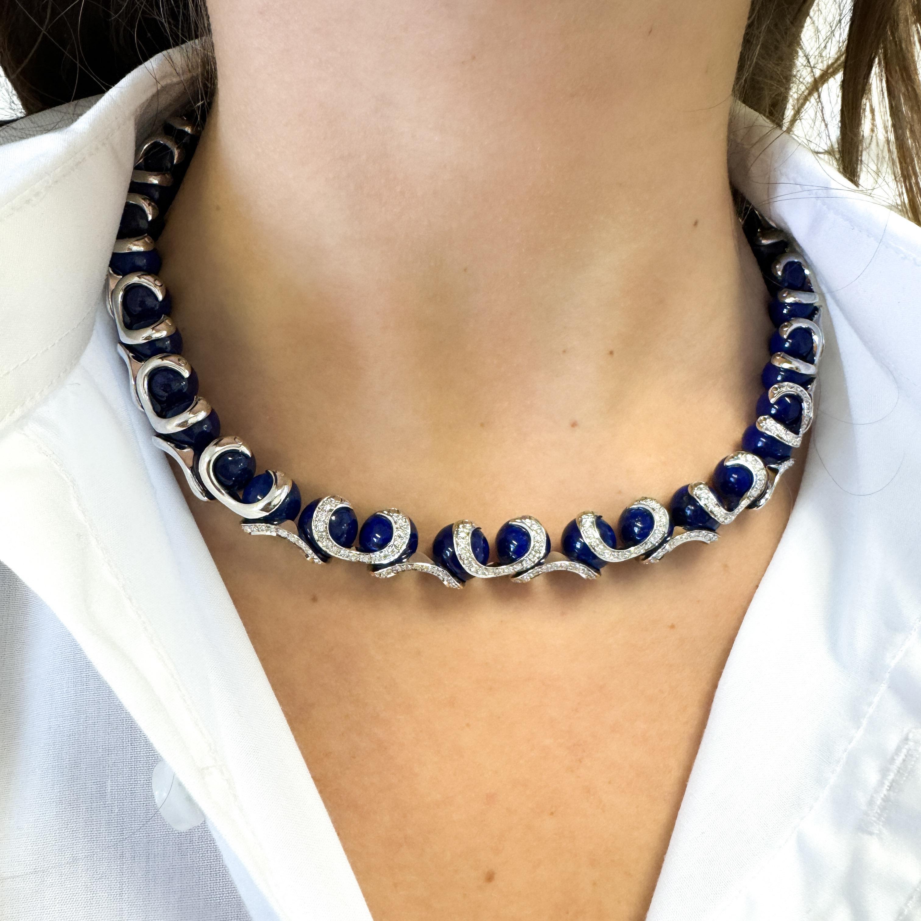 Round Cut Lapis Lazuli Ball and Diamond 18K White Gold Choker Necklace Signed BIBIGI For Sale