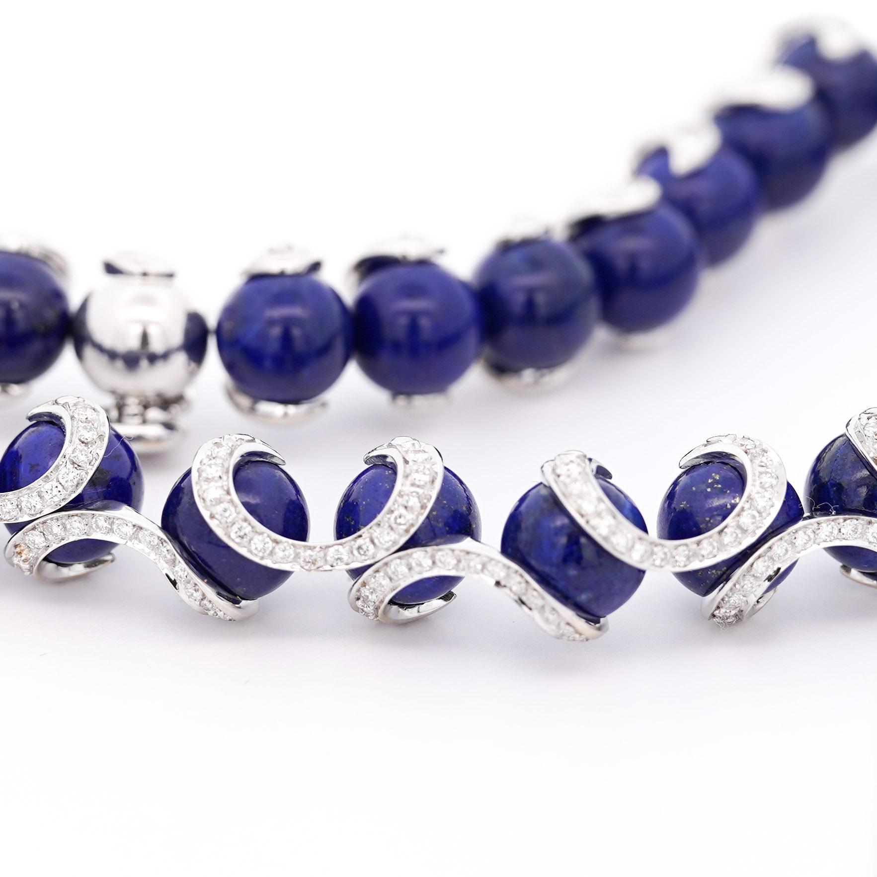 Women's Lapis Lazuli Ball and Diamond 18K White Gold Choker Necklace Signed BIBIGI For Sale