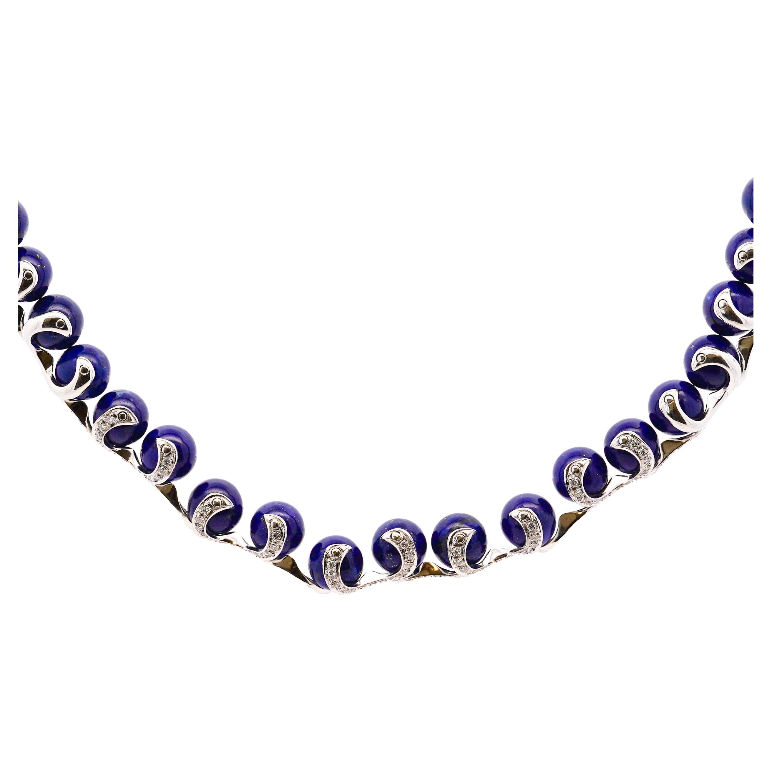 Lapis Lazuli Ball and Diamond 18K White Gold Choker Necklace Signed BIBIGI