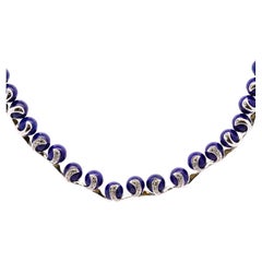 Lapis Lazuli Ball and Diamond 18K White Gold Choker Necklace Signed BIBIGI