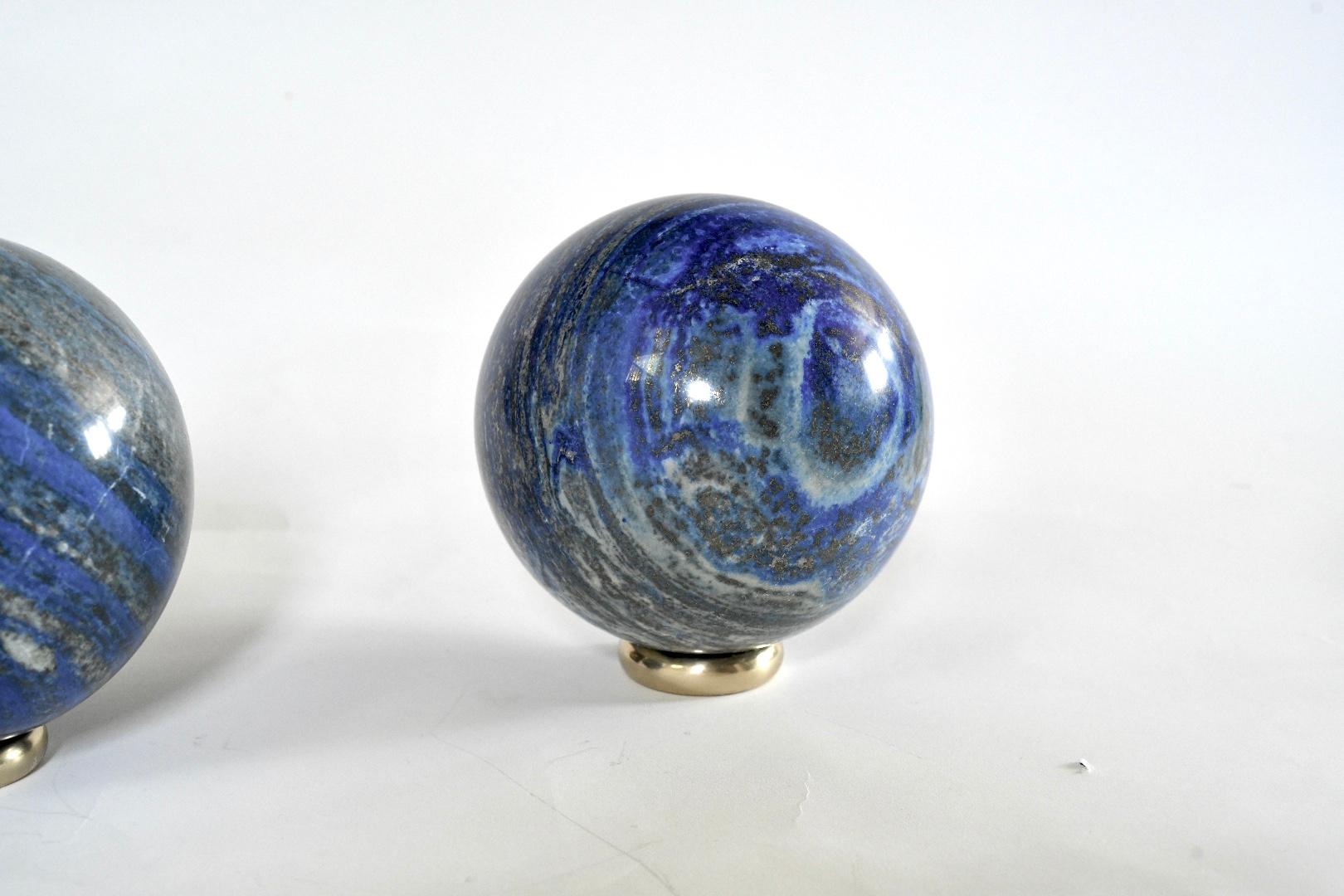 Group of two beautiful Lapis Lazuli balls with brass bases.