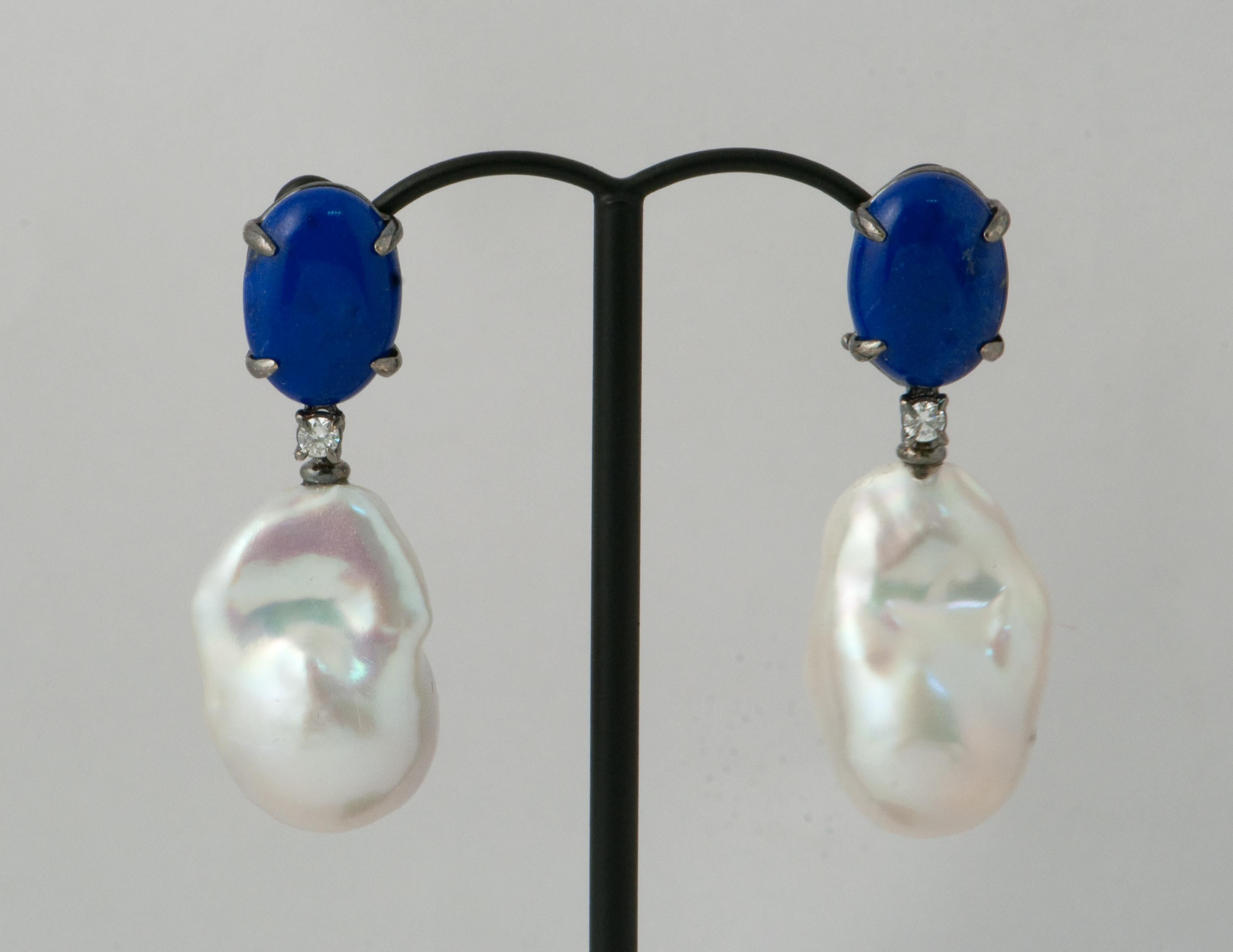 Women's Lapis Lazuli, Baroque Pearl and White Diamonds Dangling Earrings in Black Gold