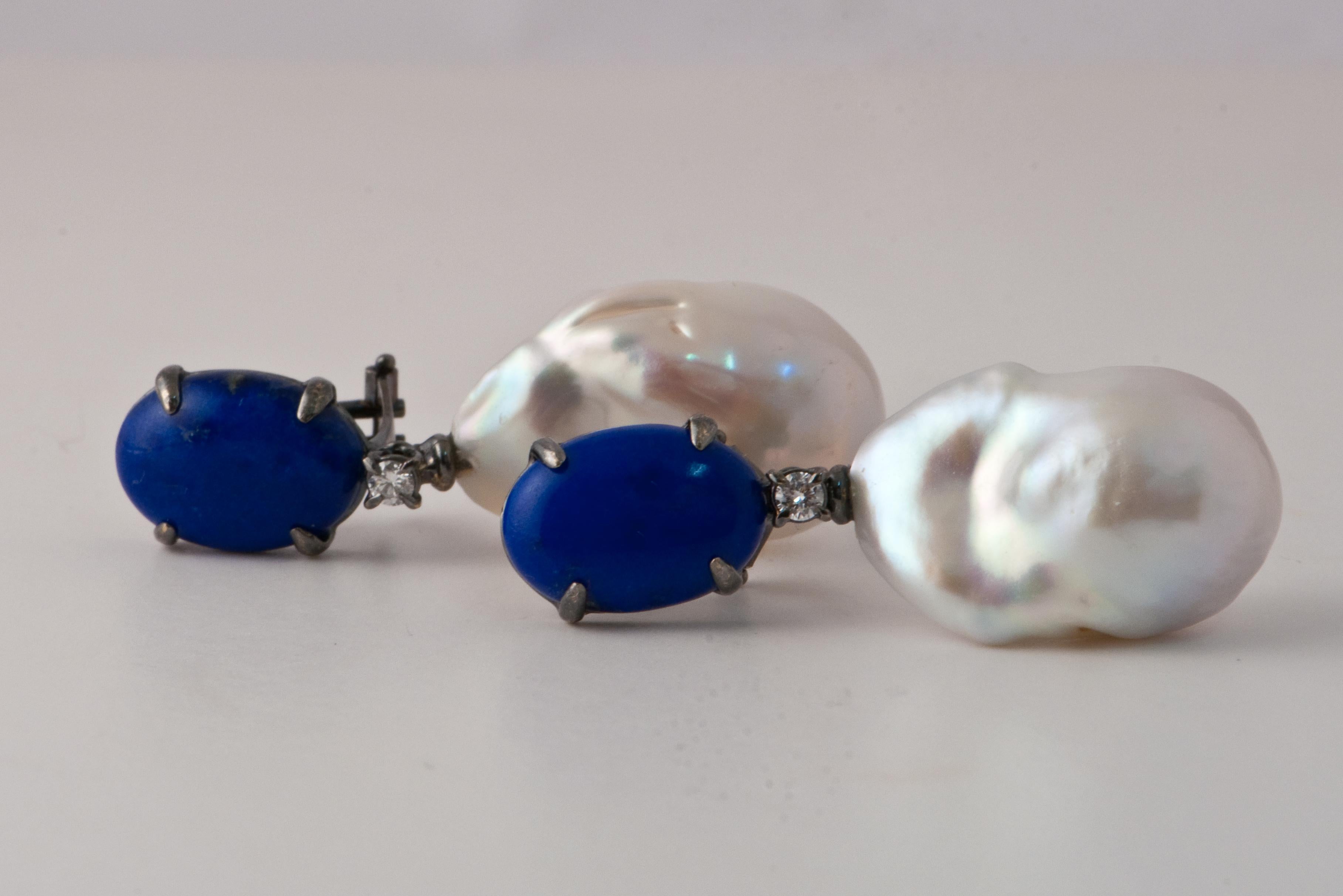 Lapis Lazuli, Baroque Pearl and White Diamonds Dangling Earrings in Black Gold 1