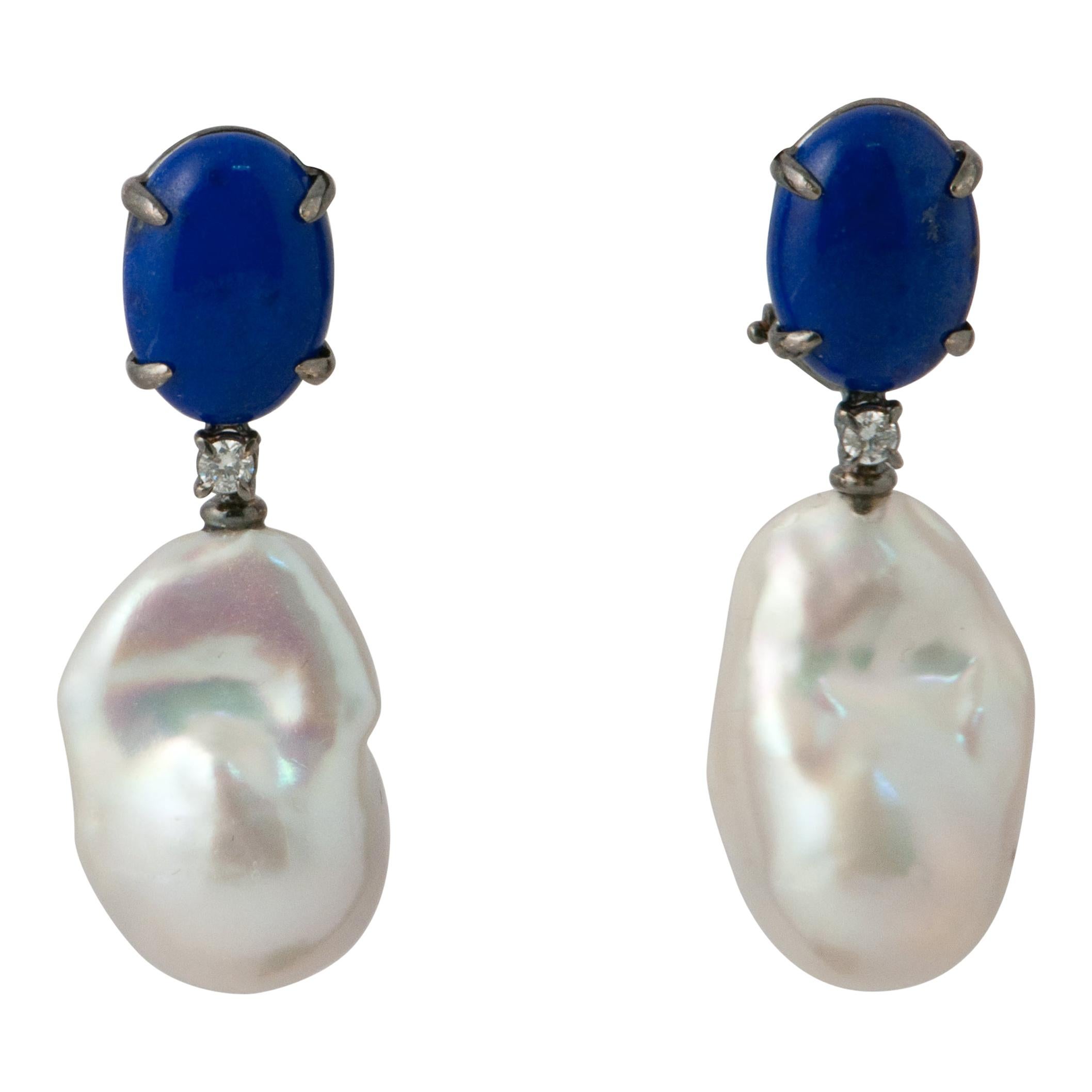 Lapis Lazuli, Baroque Pearl and White Diamonds Dangling Earrings in Black Gold