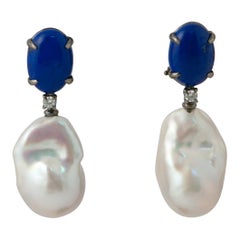 Lapis Lazuli, Baroque Pearl and White Diamonds Dangling Earrings in Black Gold