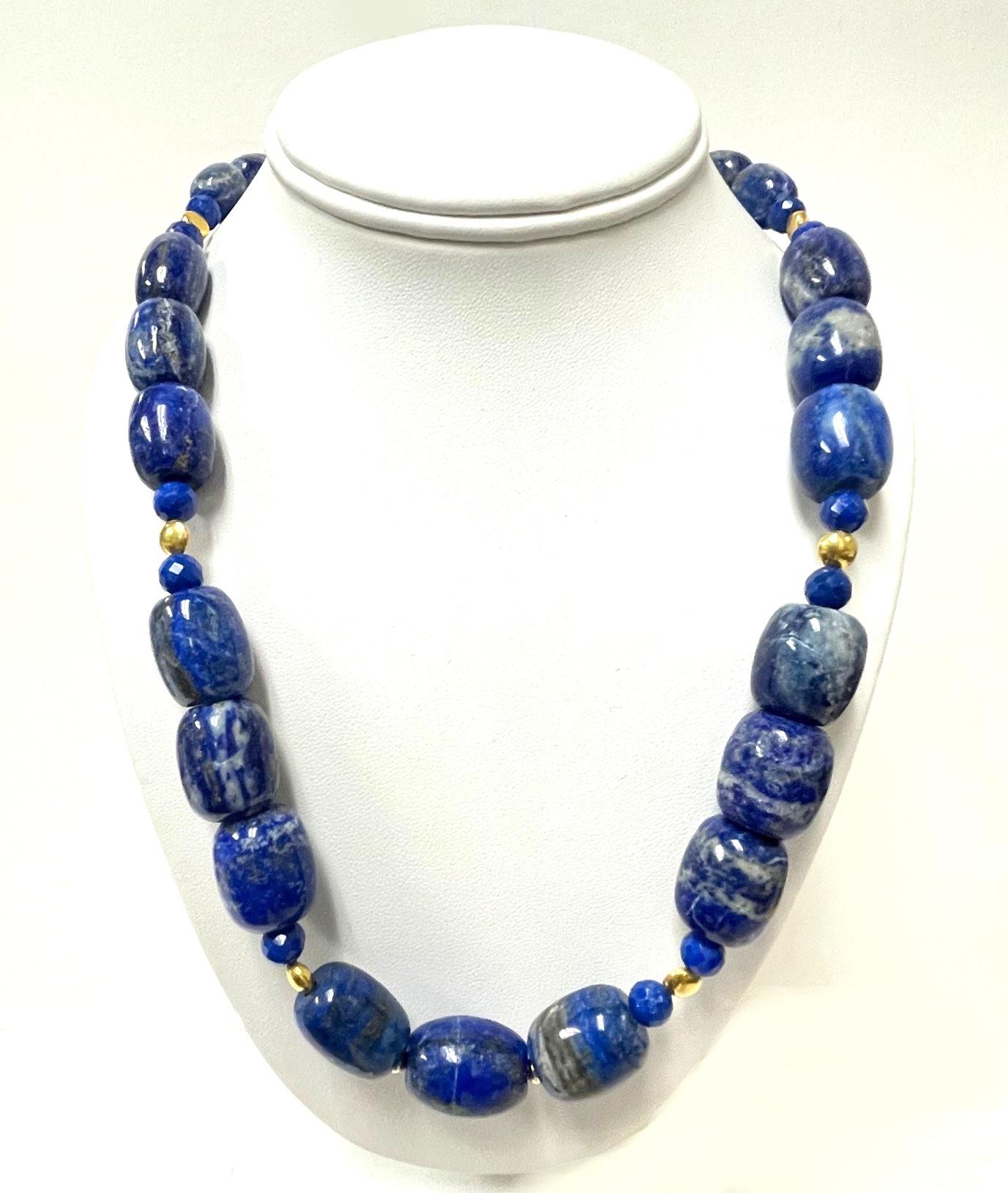 Women's Lapis Lazuli Barrel Shaped Beaded Necklace with Yellow Gold Accents, 22 Inches For Sale