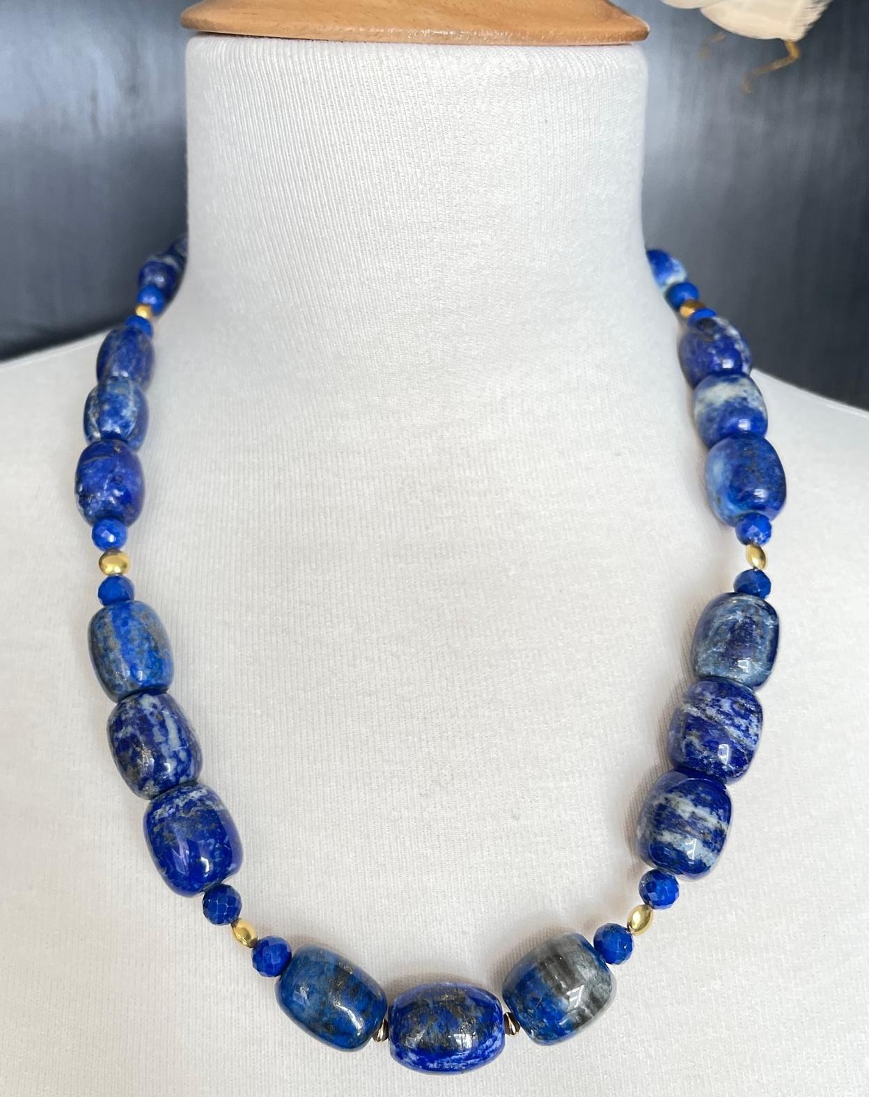 Lapis Lazuli Barrel Shaped Beaded Necklace with Yellow Gold Accents, 22 Inches For Sale 1