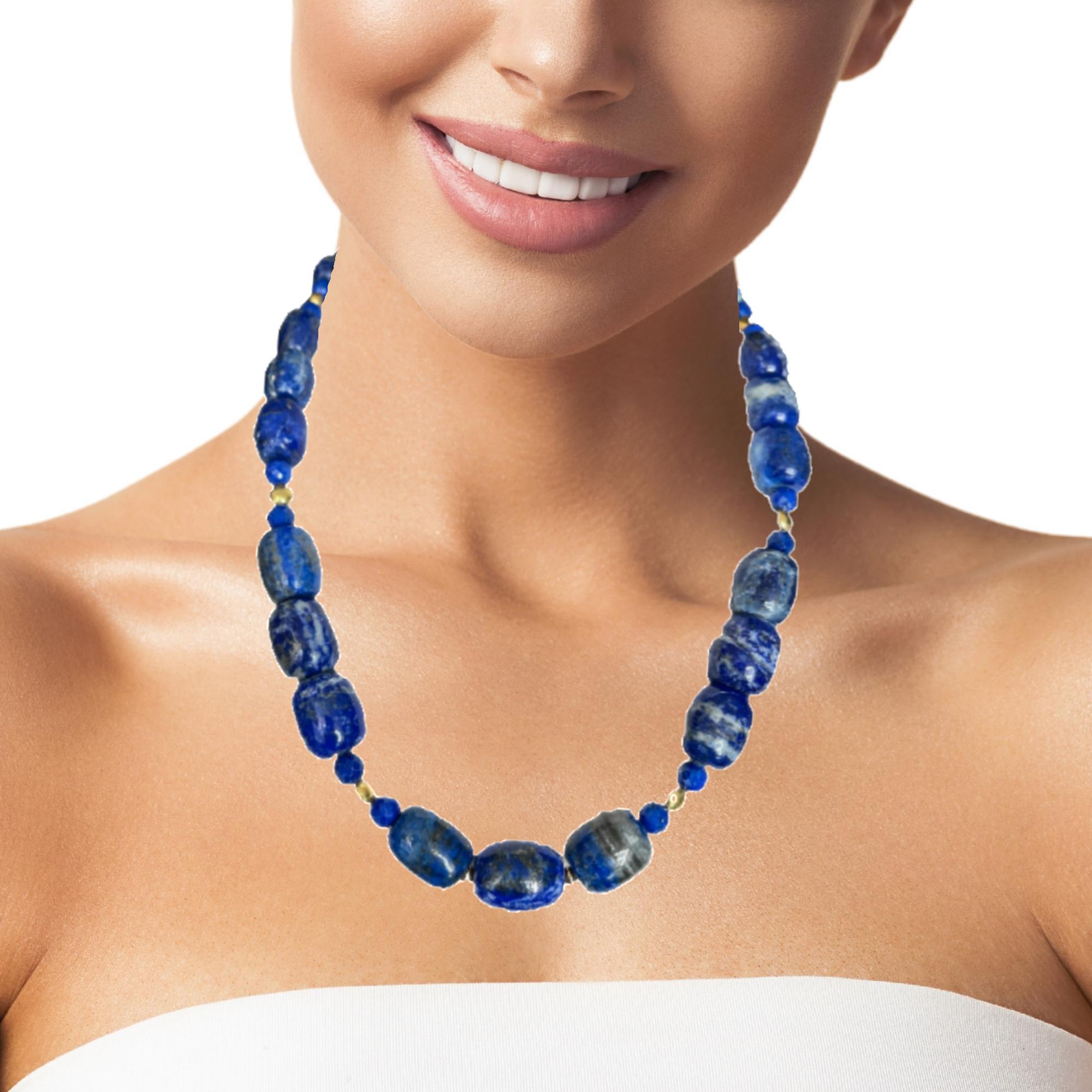 Lapis Lazuli Barrel Shaped Beaded Necklace with Yellow Gold Accents, 22 Inches For Sale 2