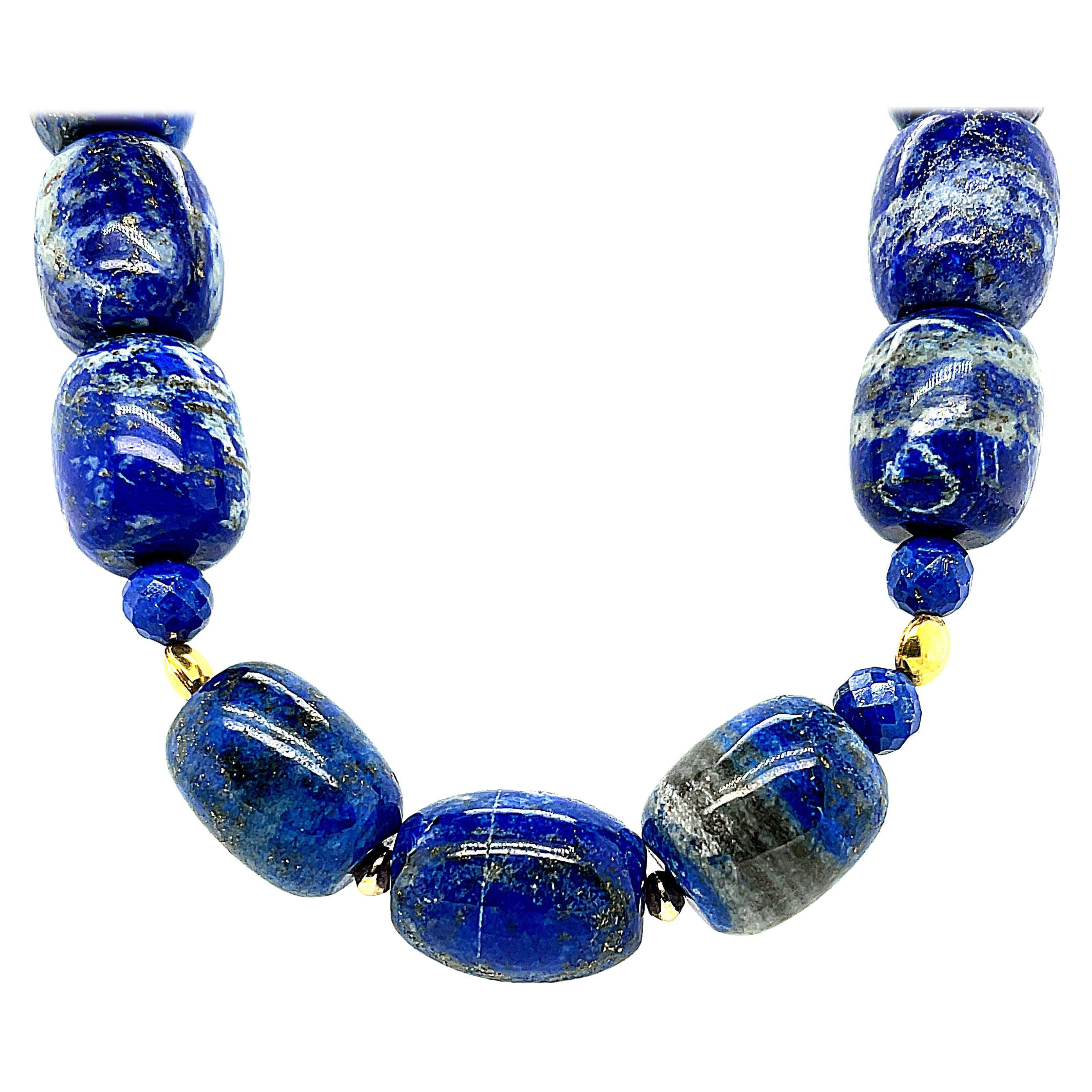 Lapis Lazuli Barrel Shaped Beaded Necklace with Yellow Gold Accents, 22 Inches