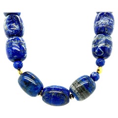 Lapis Lazuli Barrel Shaped Beaded Necklace with Yellow Gold Accents, 22 Inches