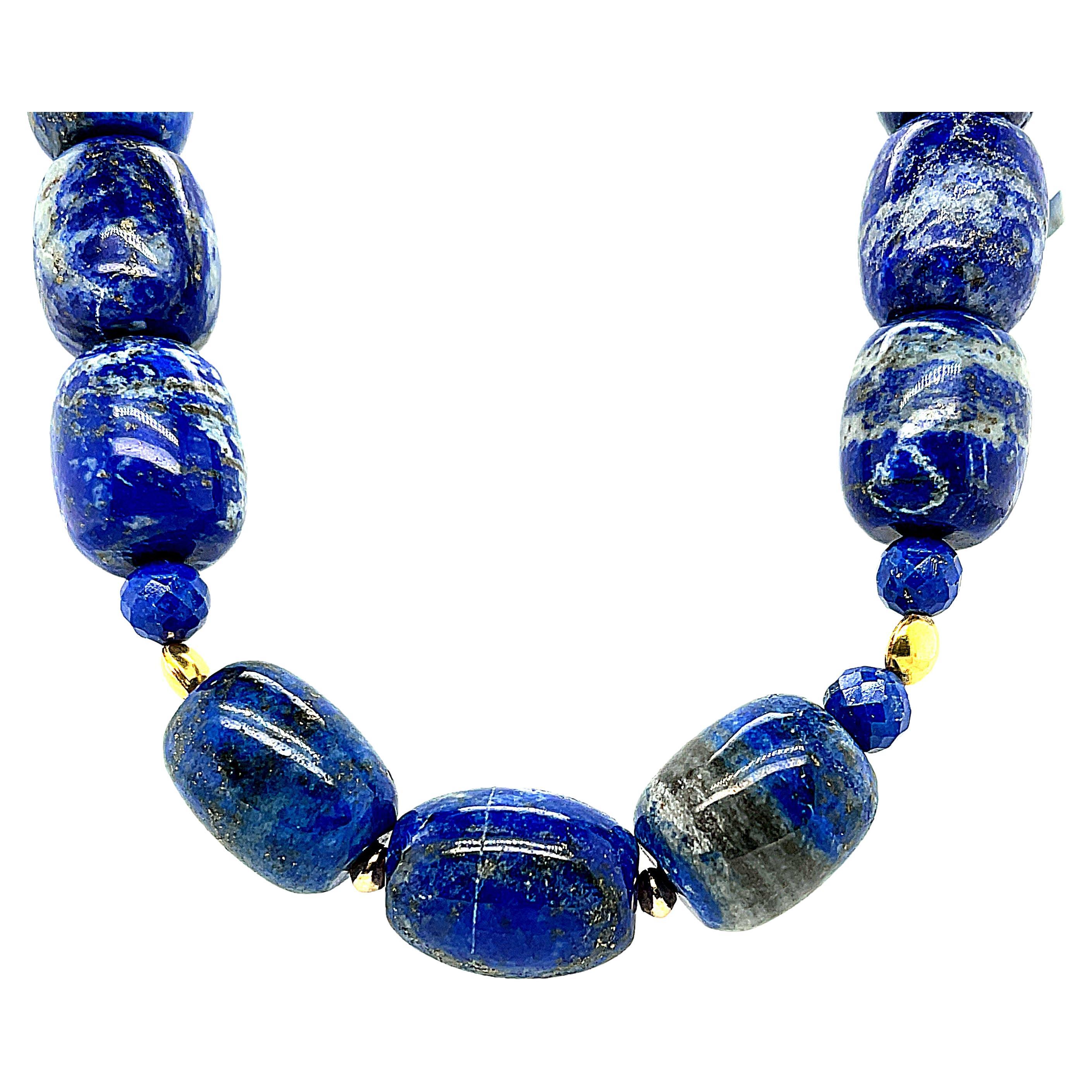 Lapis Lazuli Barrel Shaped Beaded Necklace with Yellow Gold Accents, 22 Inches