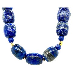 Lapis Lazuli Barrel Shaped Beaded Necklace with Yellow Gold Accents, 22 Inches