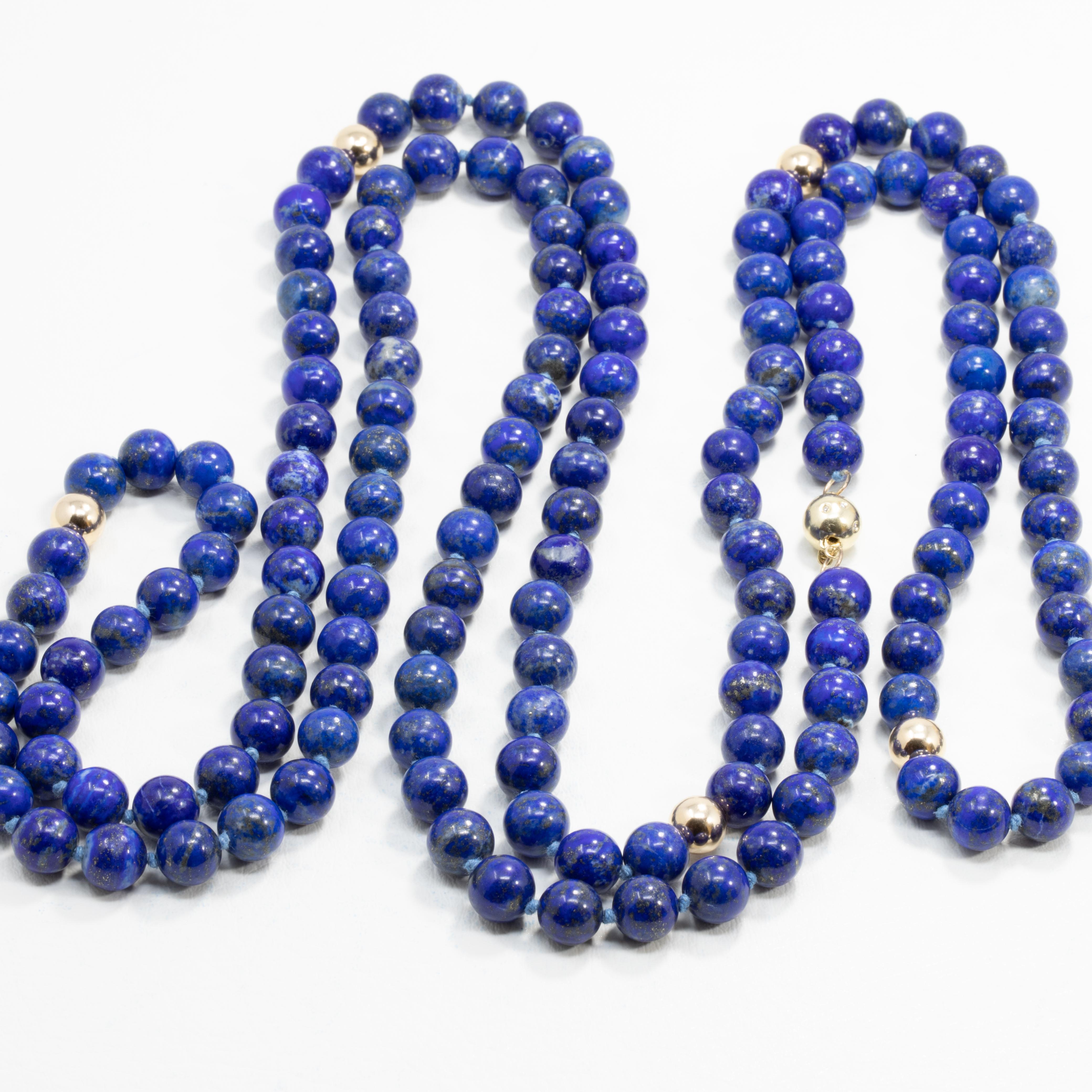 Retro Lapis Lazuli Bead Necklace, 14 Karat 585 Gold Beads, Diamond Gold Clasp Rope