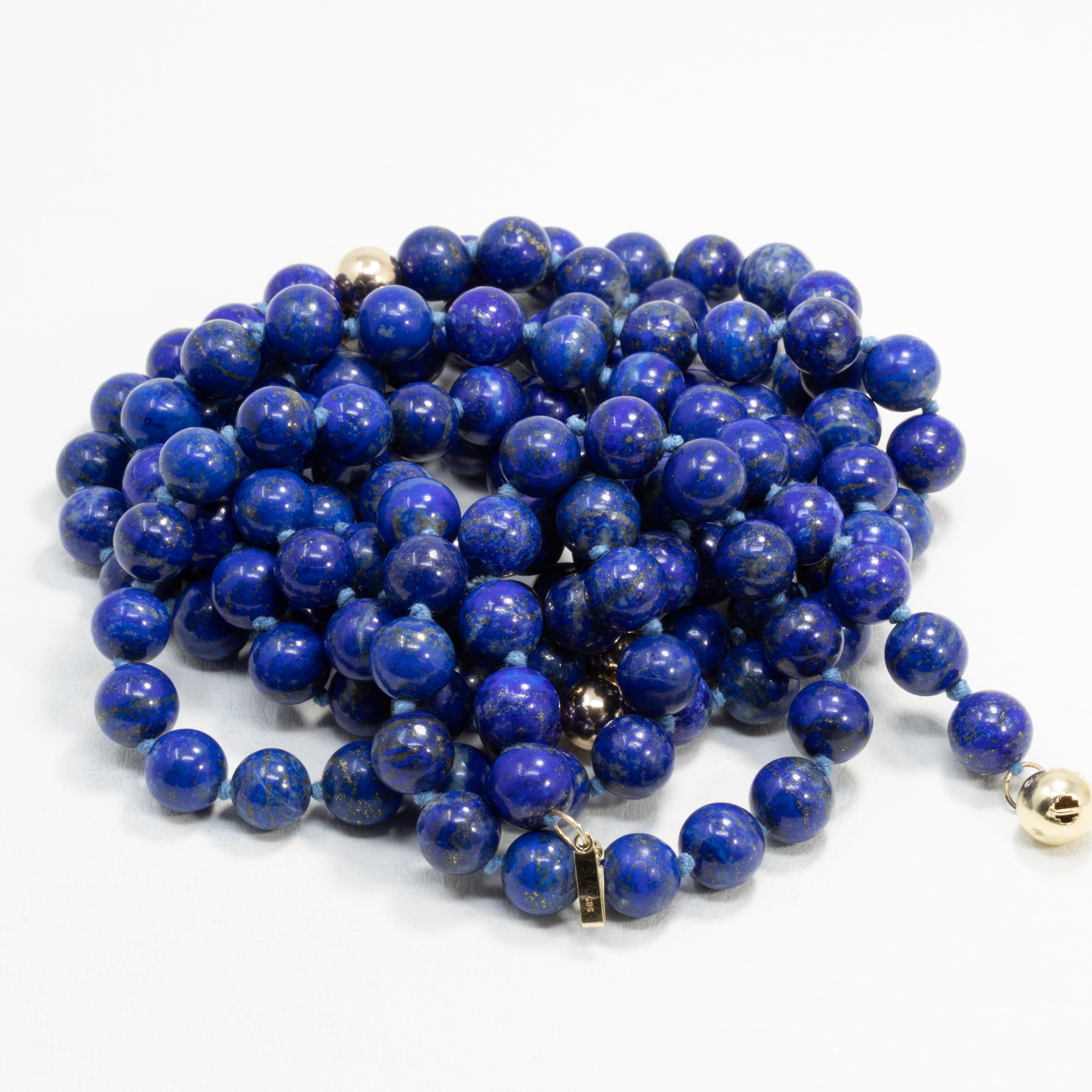 Lapis Lazuli Bead Necklace, 14 Karat 585 Gold Beads, Diamond Gold Clasp Rope In Good Condition In Milford, DE