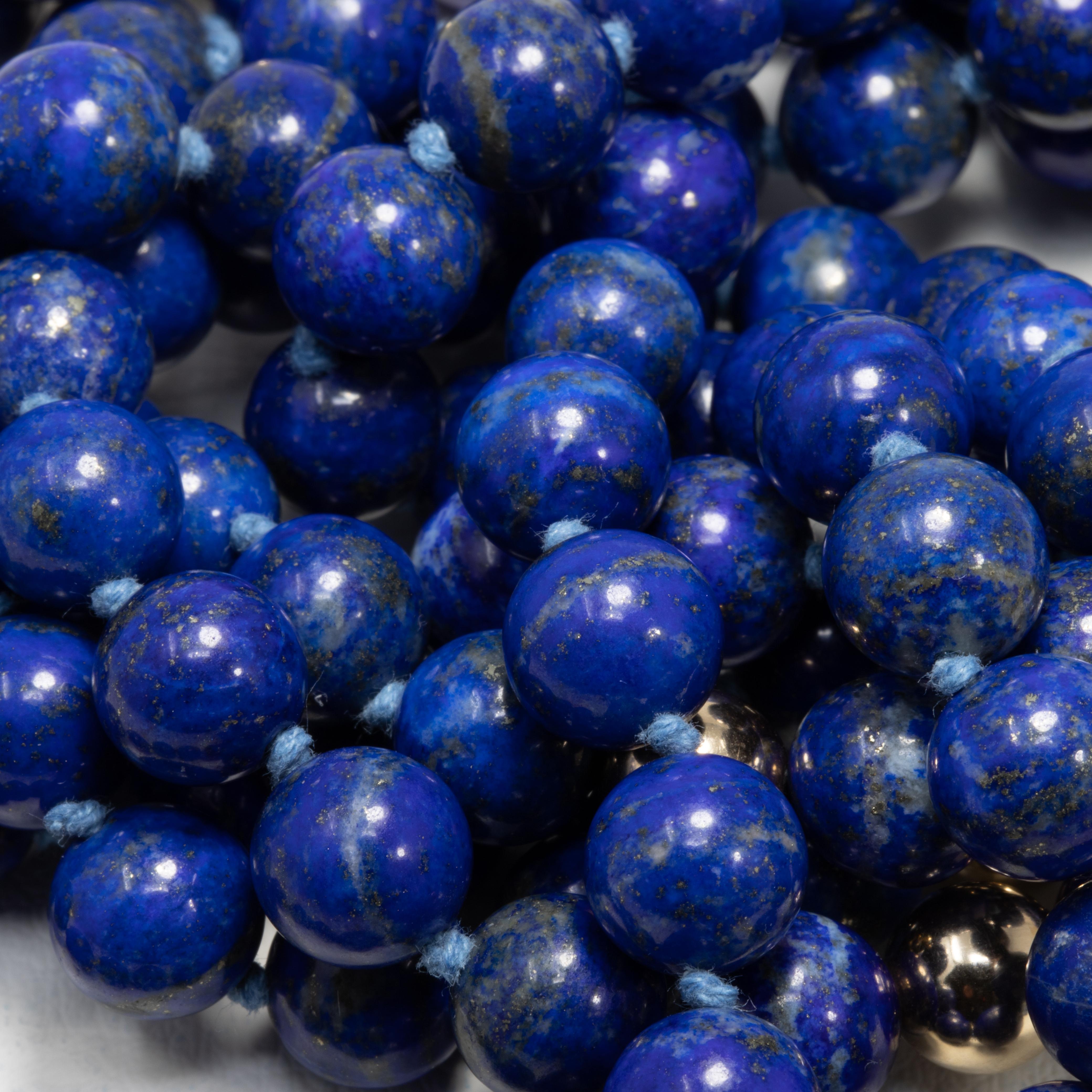 Women's Lapis Lazuli Bead Necklace, 14 Karat 585 Gold Beads, Diamond Gold Clasp Rope