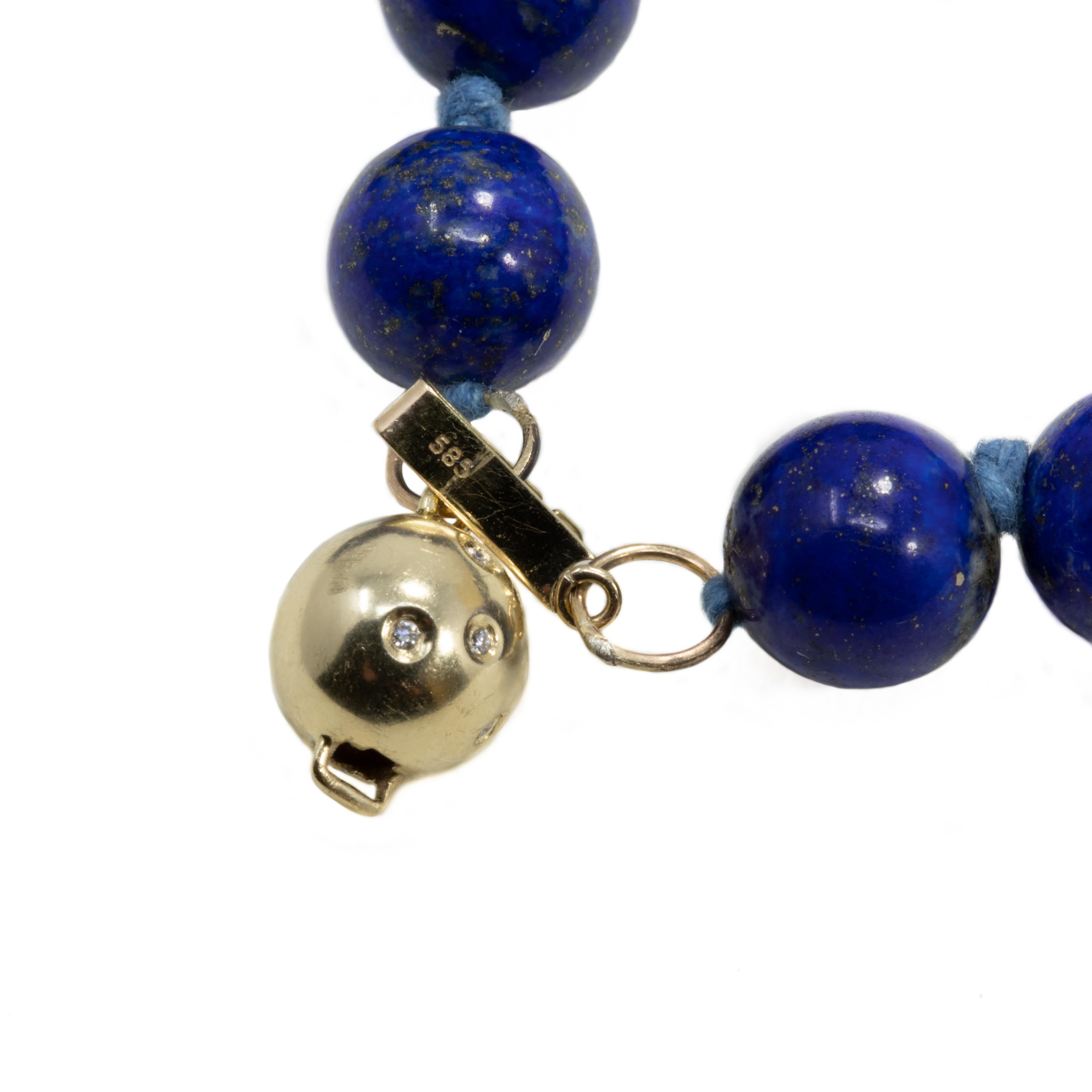 Lapis Lazuli Bead Necklace, 14 Karat 585 Gold Beads, Diamond Gold Clasp Rope 1