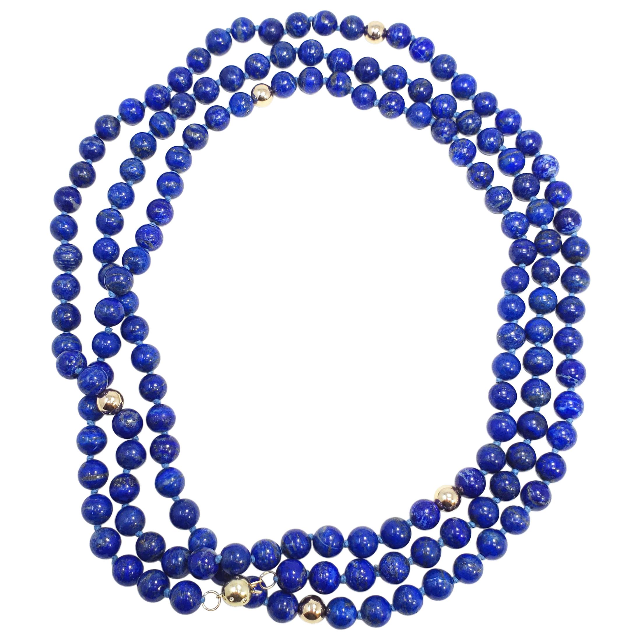 Lapis Lazuli Bead Necklace, 14 Karat 585 Gold Beads, Diamond Gold Clasp Rope