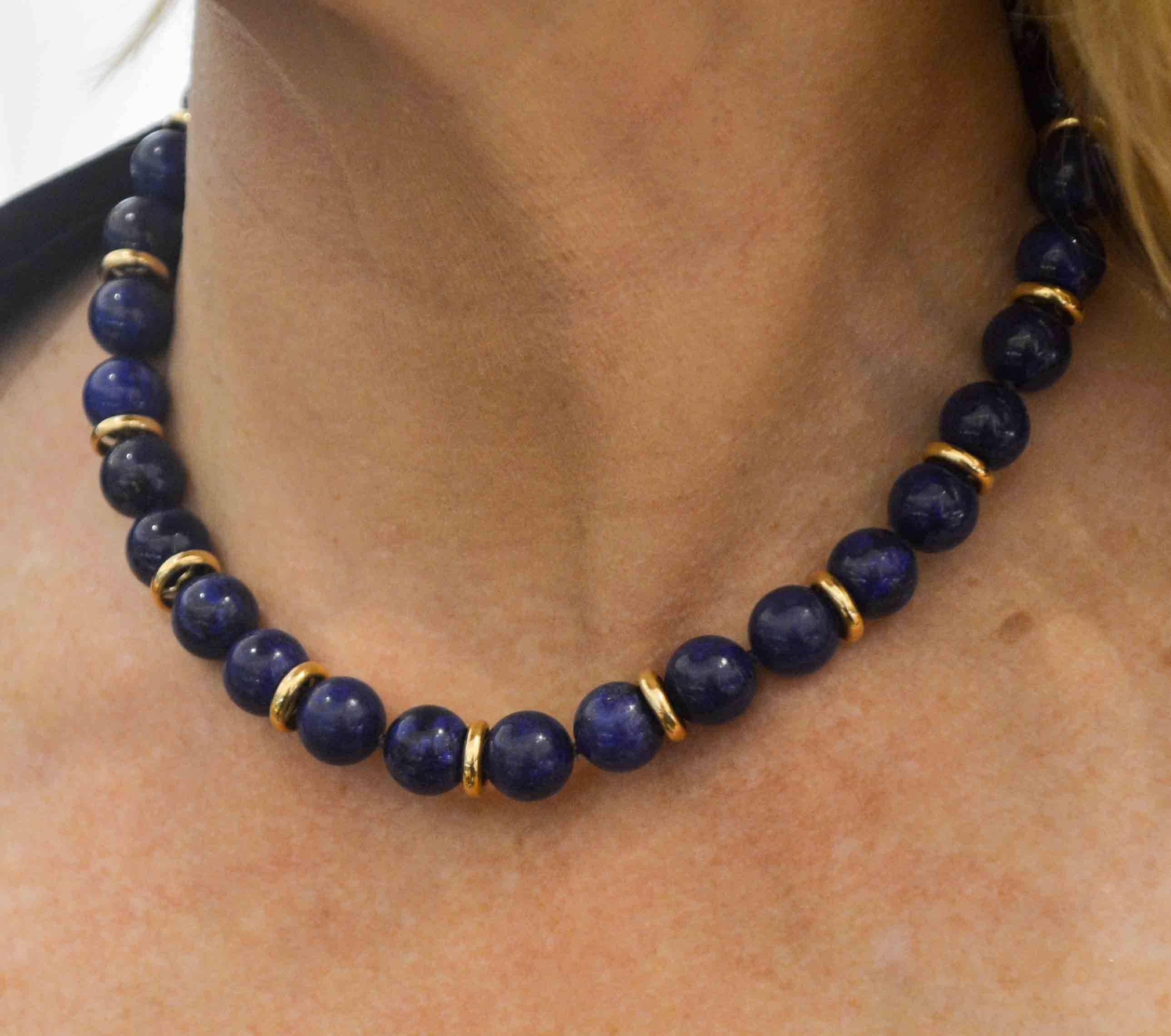 lapis bead necklace in 14k yellow gold