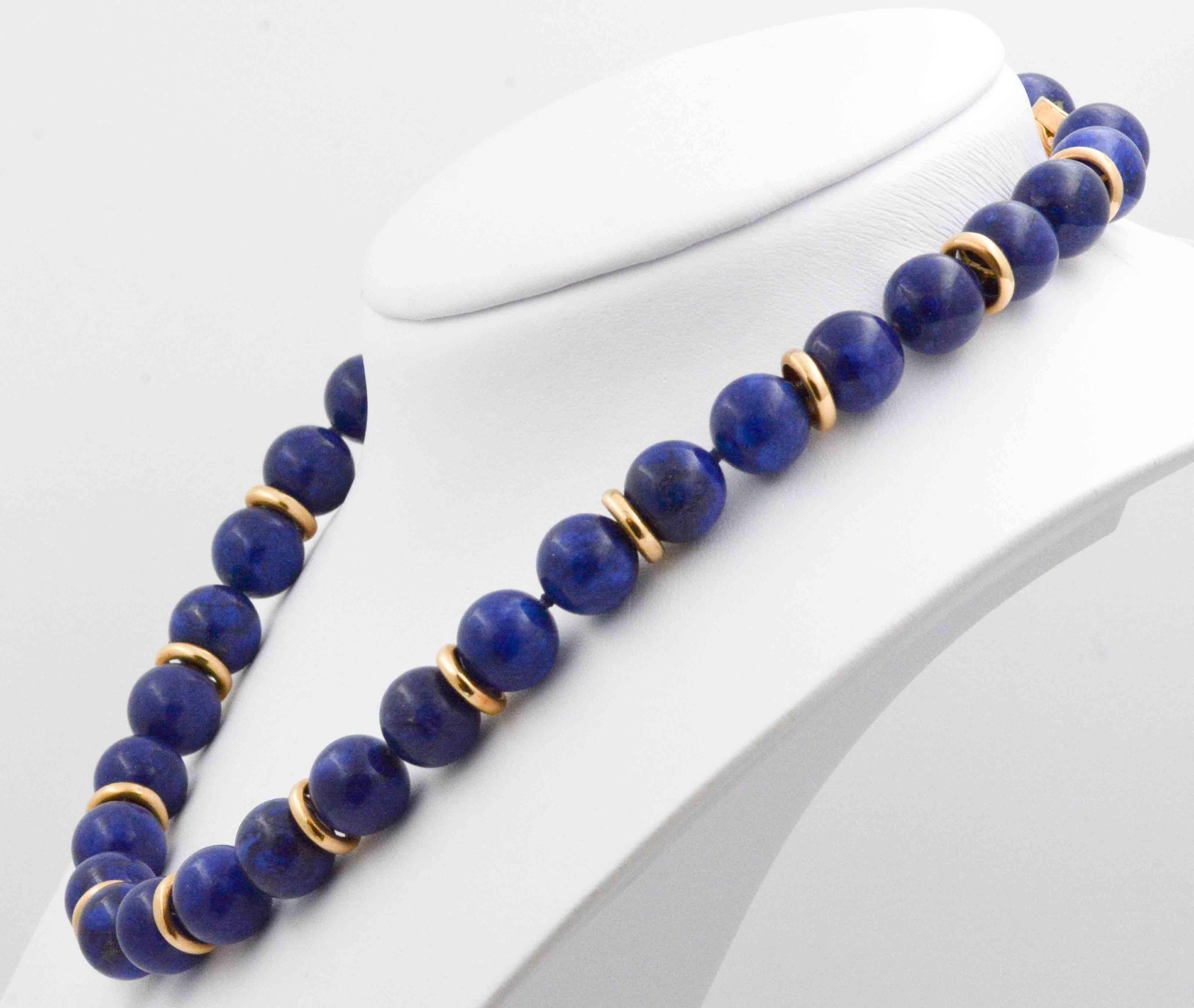 Modern Lapis Lazuli Bead Necklace with 14 Karat Yellow Gold