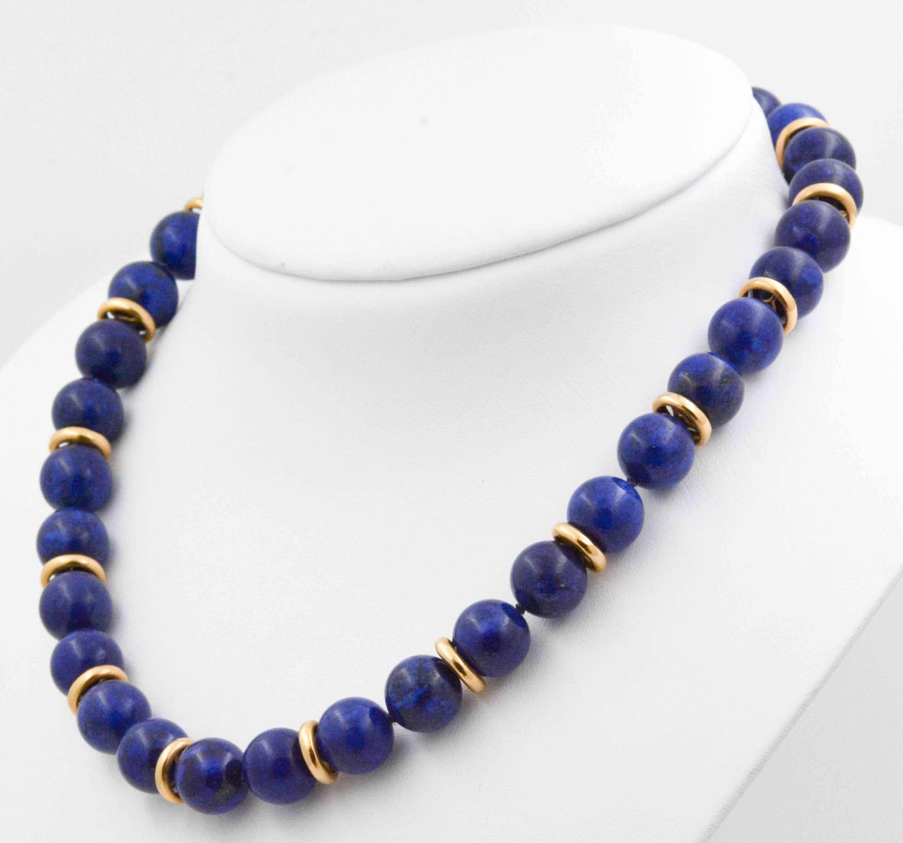 Round Cut Lapis Lazuli Bead Necklace with 14 Karat Yellow Gold