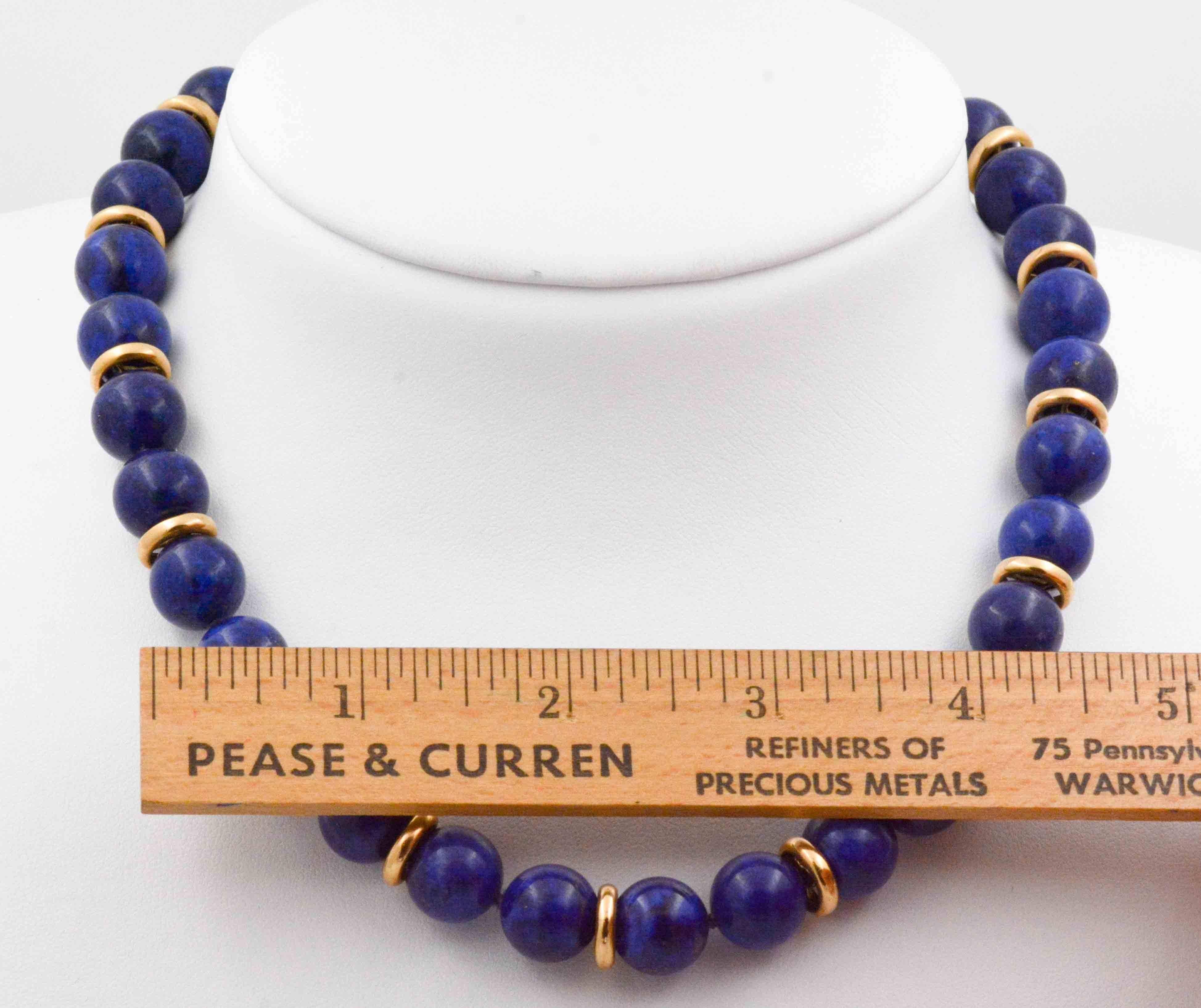 Lapis Lazuli Bead Necklace with 14 Karat Yellow Gold In Excellent Condition In Dallas, TX