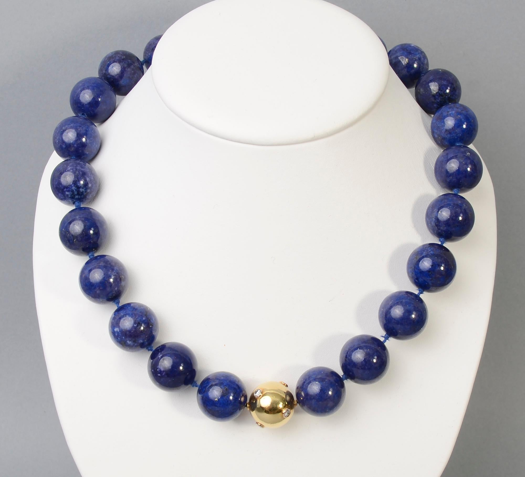 Modern Lapis Lazuli Bead Necklace with Diamonds Gold Ball