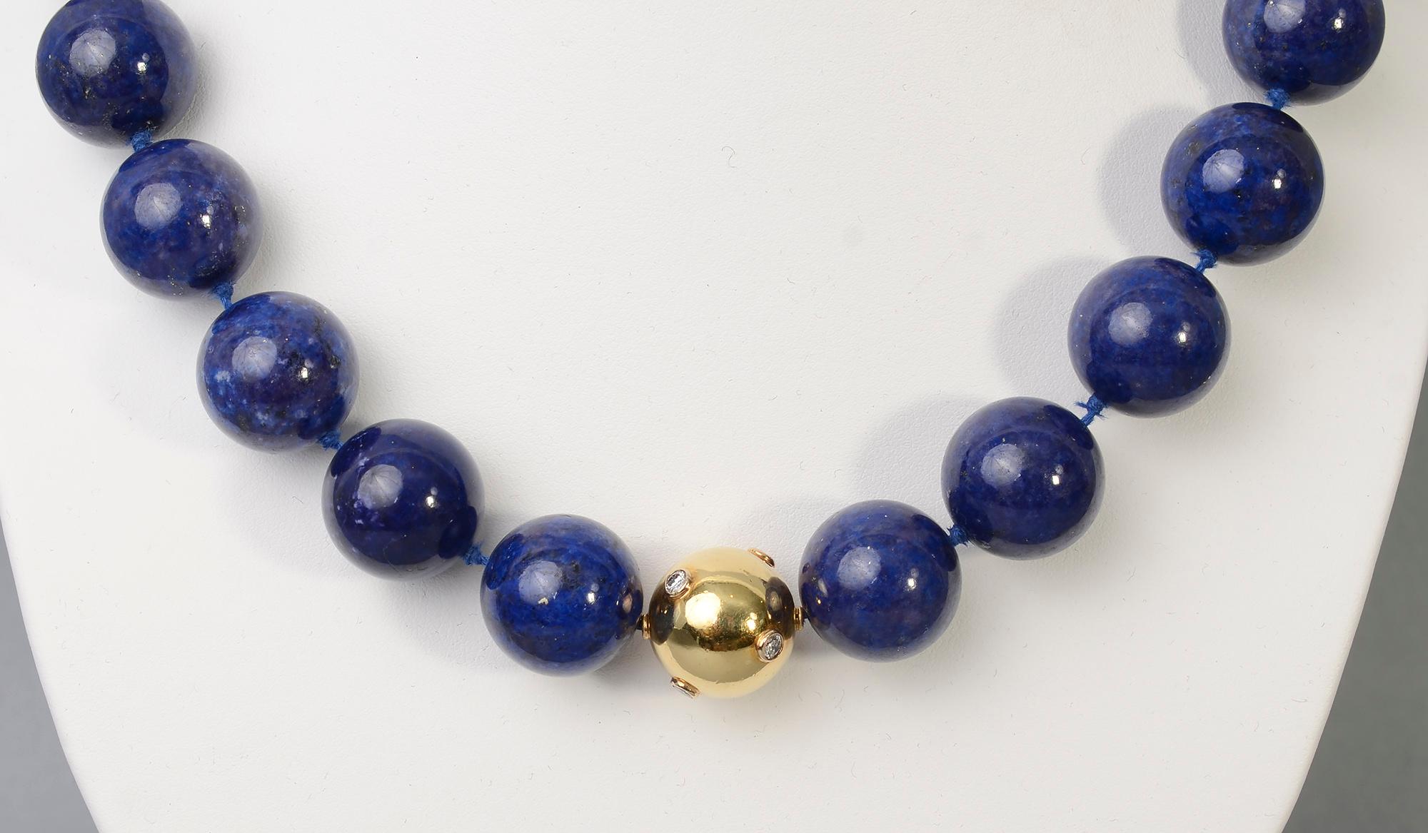 Lapis Lazuli Bead Necklace with Diamonds Gold Ball In Excellent Condition In Darnestown, MD