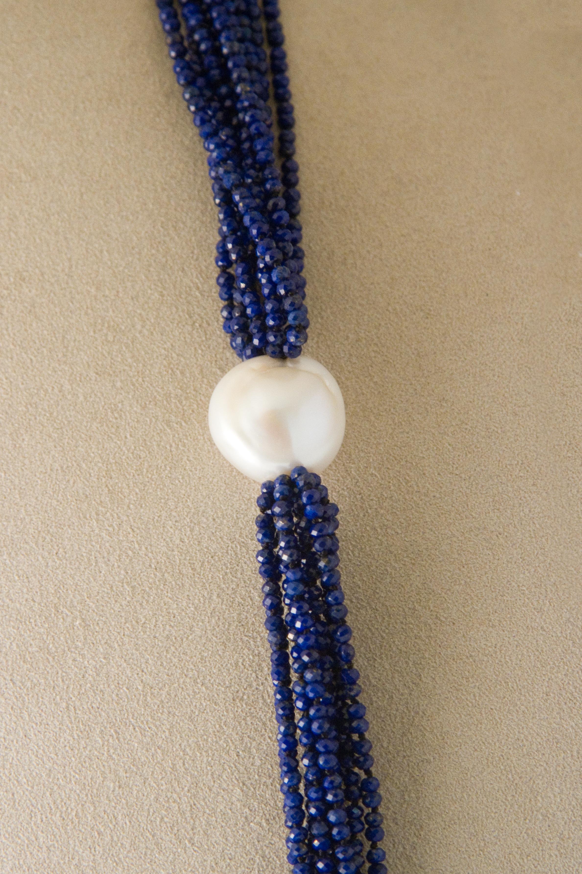 Artisan Lapis Lazuli Beaded Neackles, Baroque Pearl, with Bakelite Claps