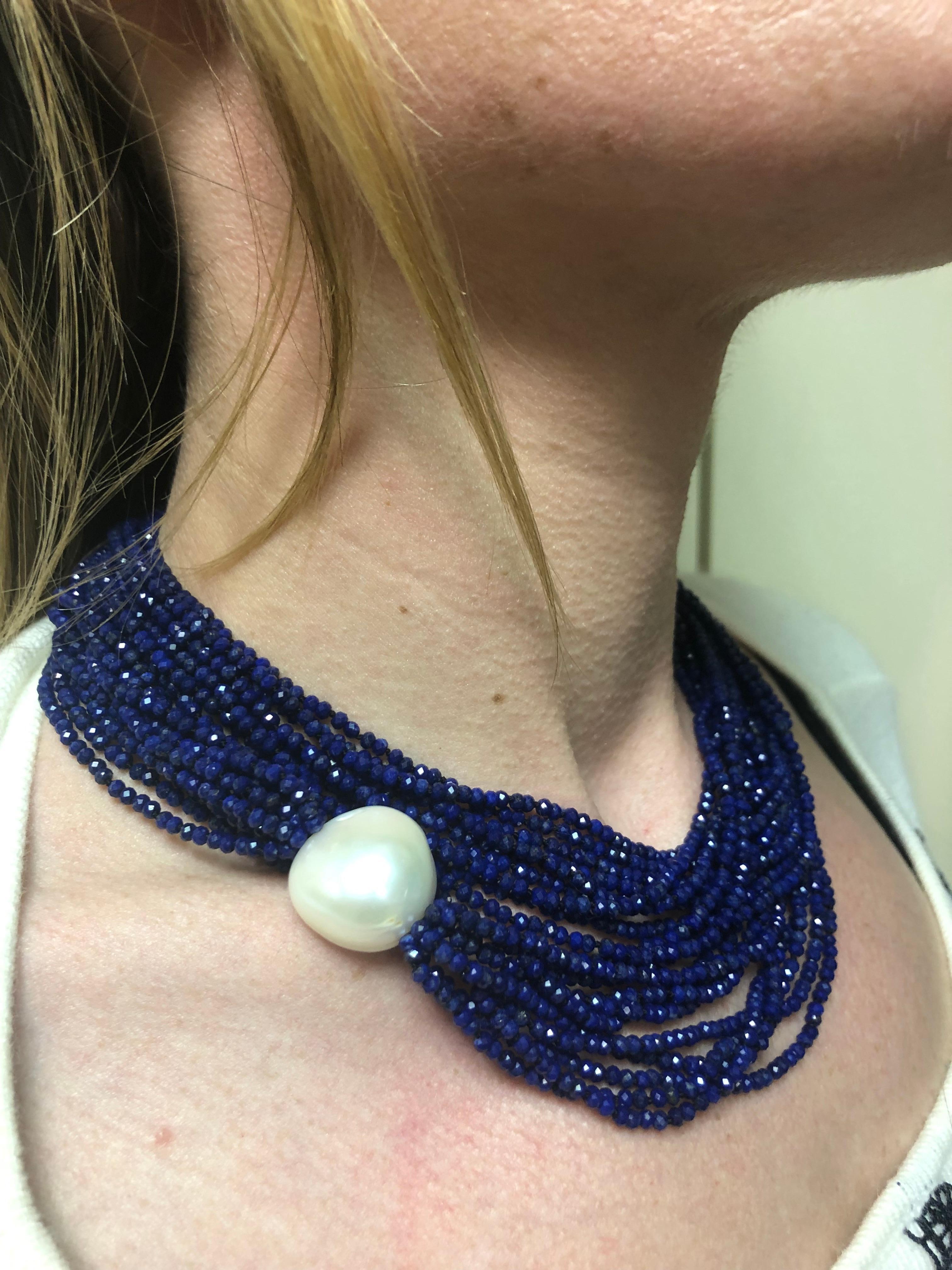 Lapis Lazuli Beaded Necklaces, Baroque Pearl, with Bakelite Claps 3