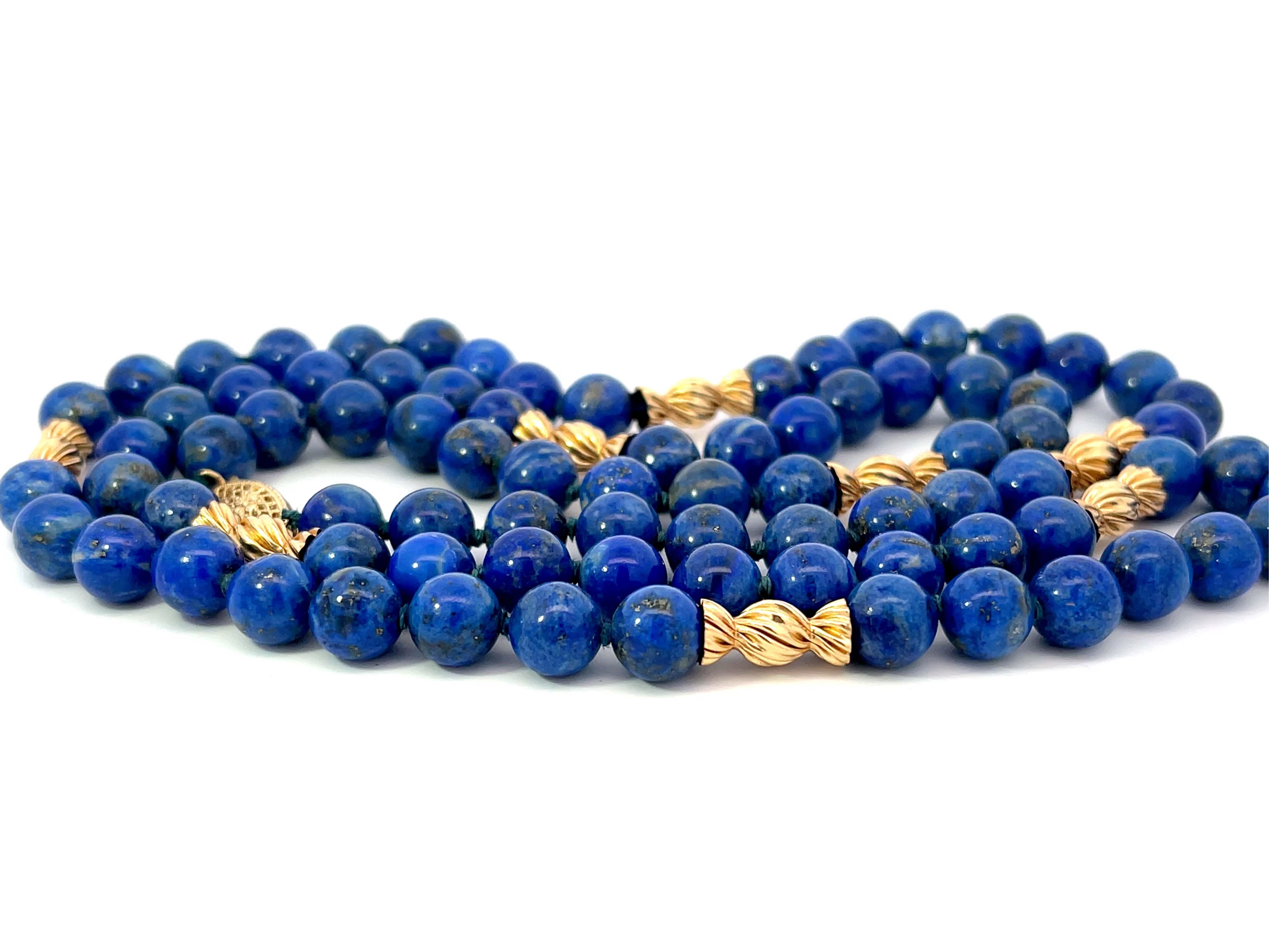 Modern Lapis Lazuli Beaded Necklace 14k Yellow Gold For Sale