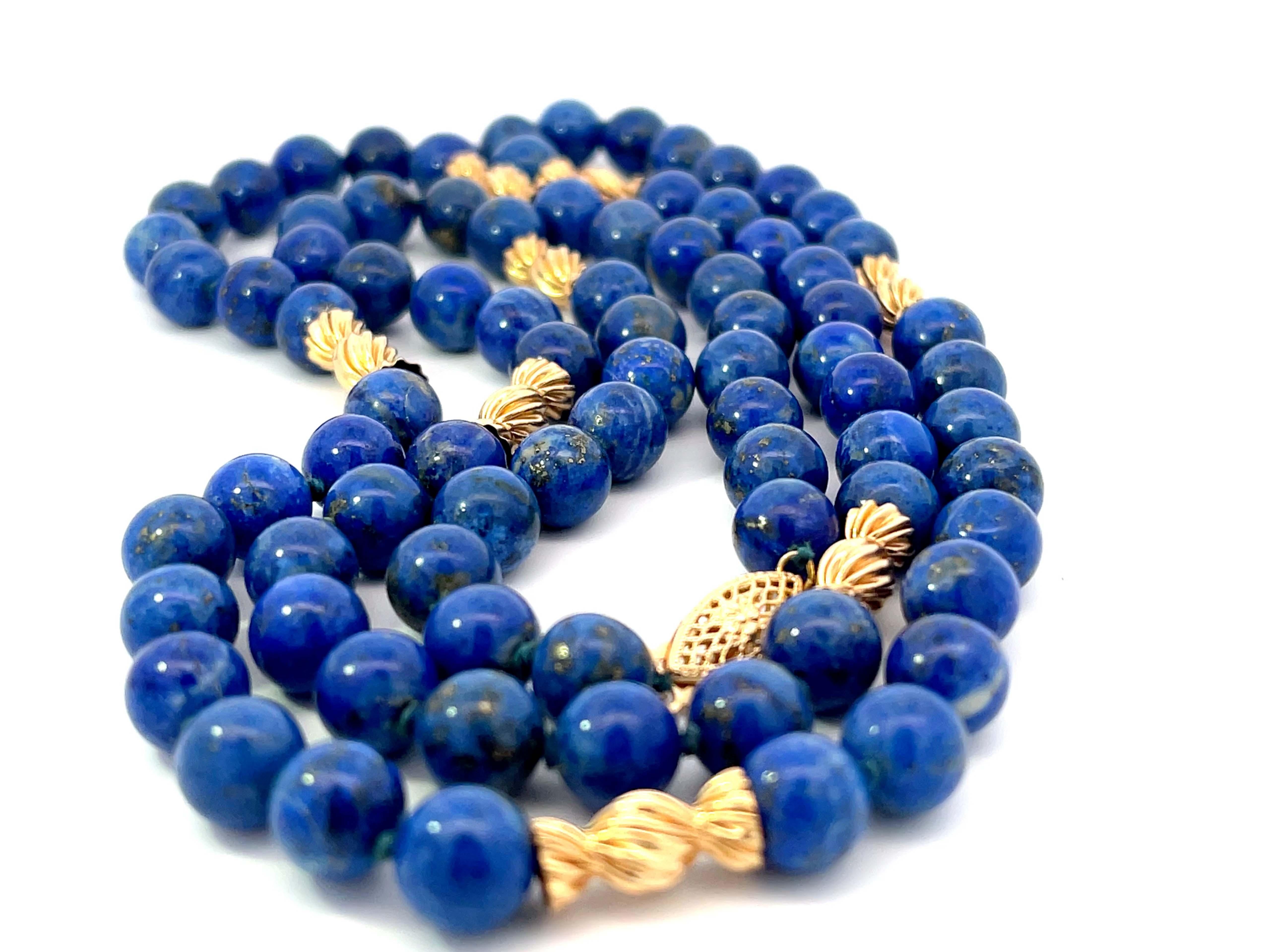 Round Cut Lapis Lazuli Beaded Necklace 14k Yellow Gold For Sale