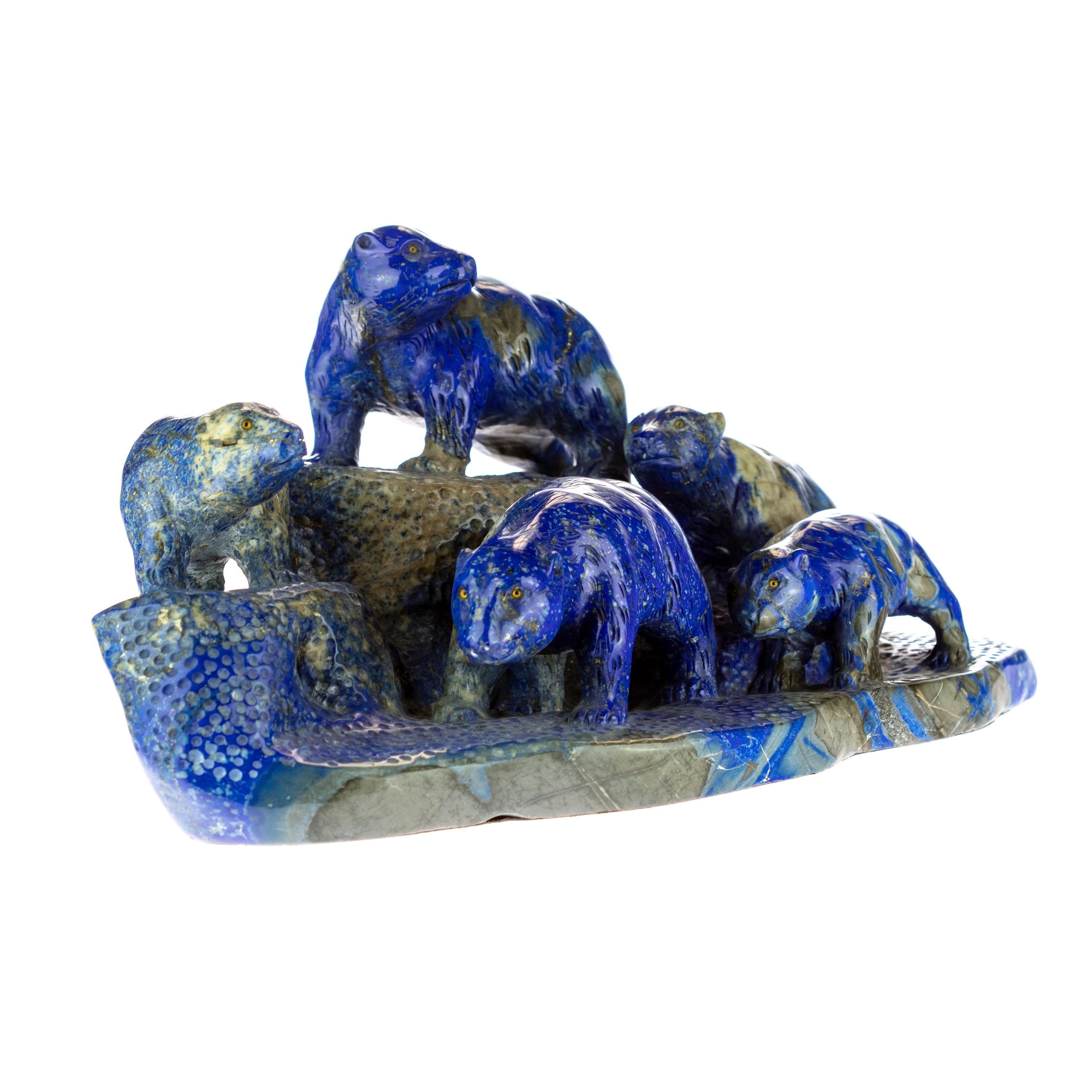 Chinese Export Lapis Lazuli Blue Bears Family Carved Animal Artisanal Eastern Statue Sculpture For Sale