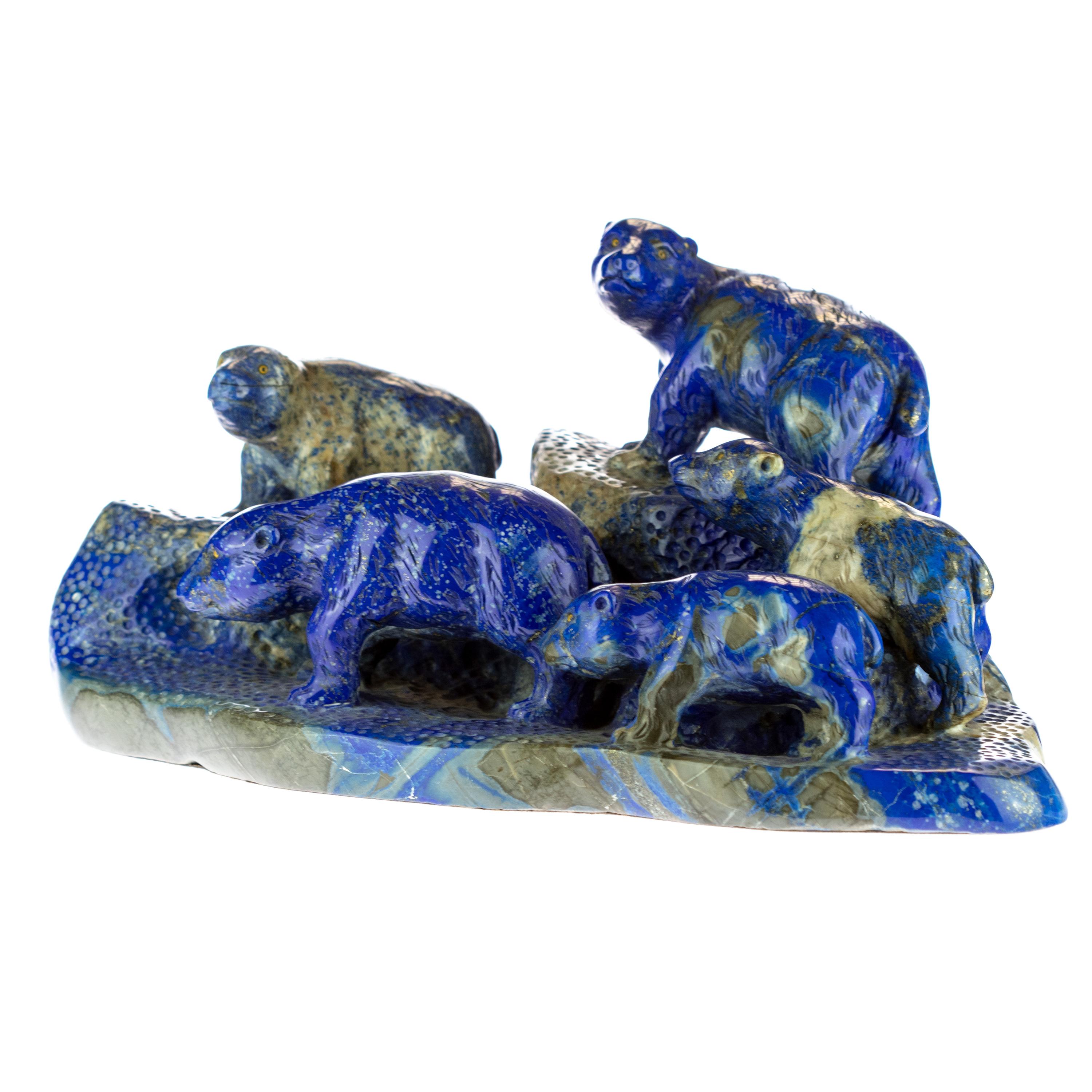 Hong Kong Lapis Lazuli Blue Bears Family Carved Animal Artisanal Eastern Statue Sculpture For Sale