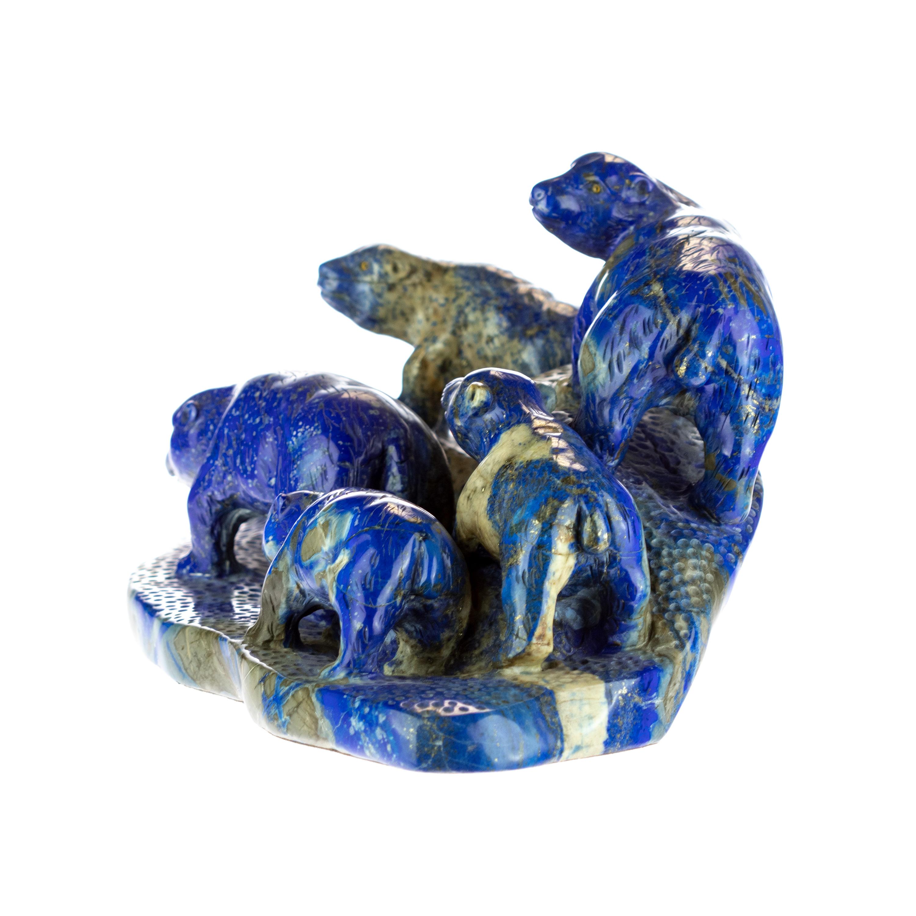 Hand-Carved Lapis Lazuli Blue Bears Family Carved Animal Artisanal Eastern Statue Sculpture For Sale