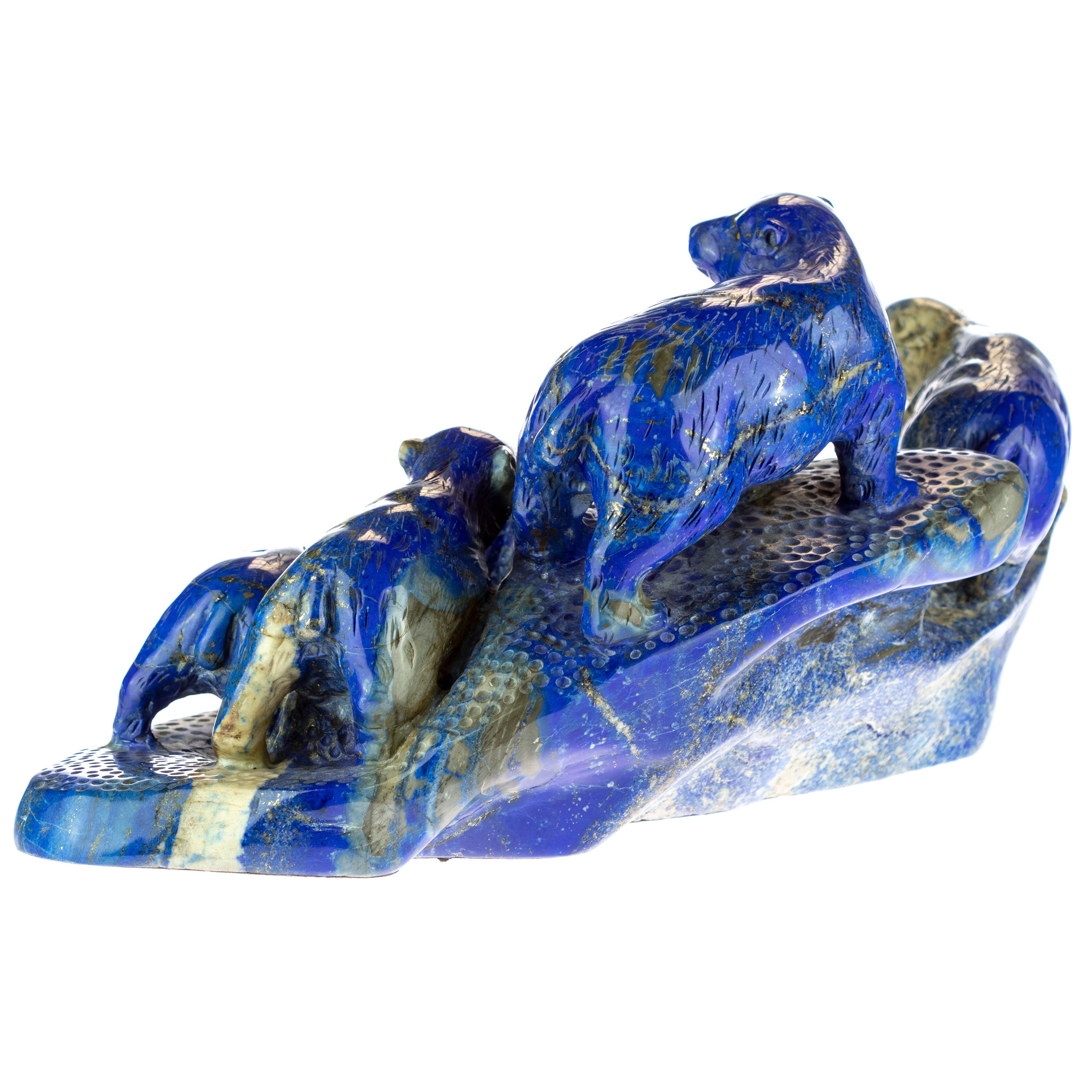 Lapis Lazuli Blue Bears Family Carved Animal Artisanal Eastern Statue Sculpture In Excellent Condition For Sale In Milano, IT
