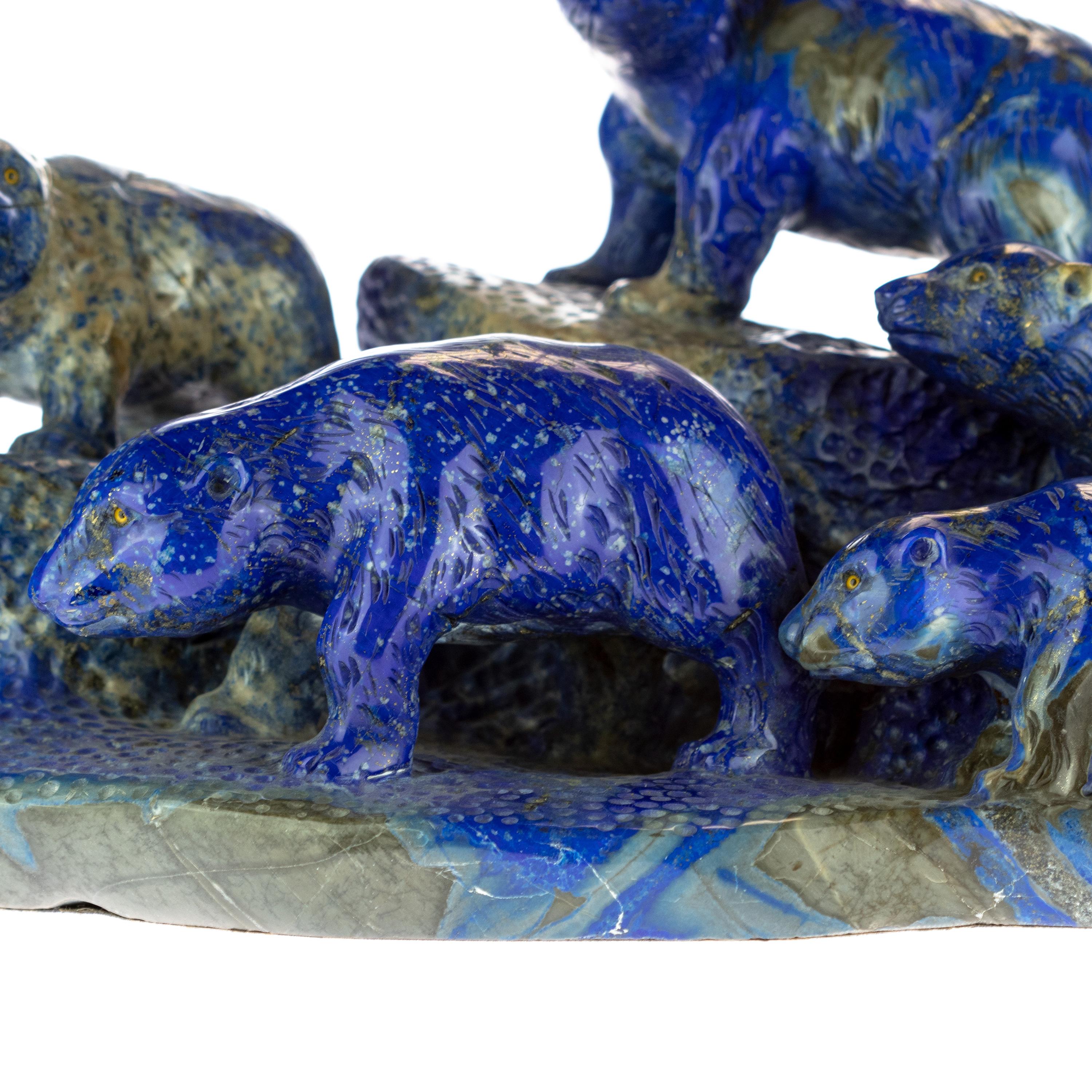 Lapis Lazuli Blue Bears Family Carved Animal Artisanal Eastern Statue Sculpture For Sale 1
