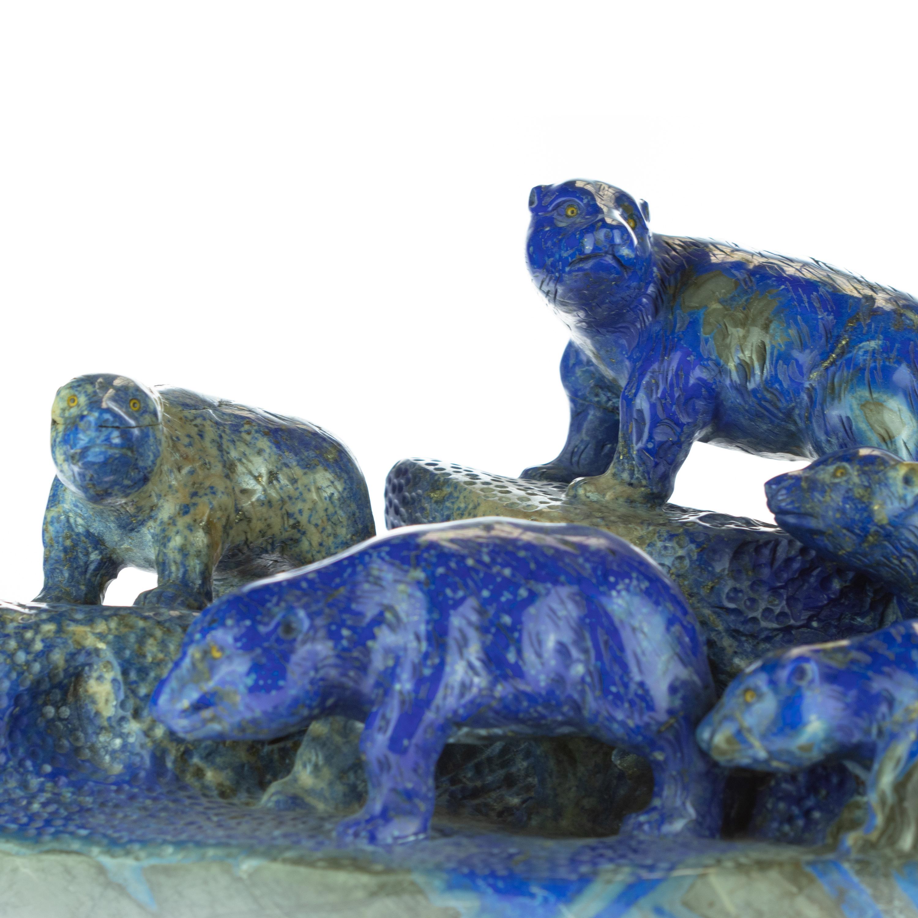 Lapis Lazuli Blue Bears Family Carved Animal Artisanal Eastern Statue Sculpture For Sale 2