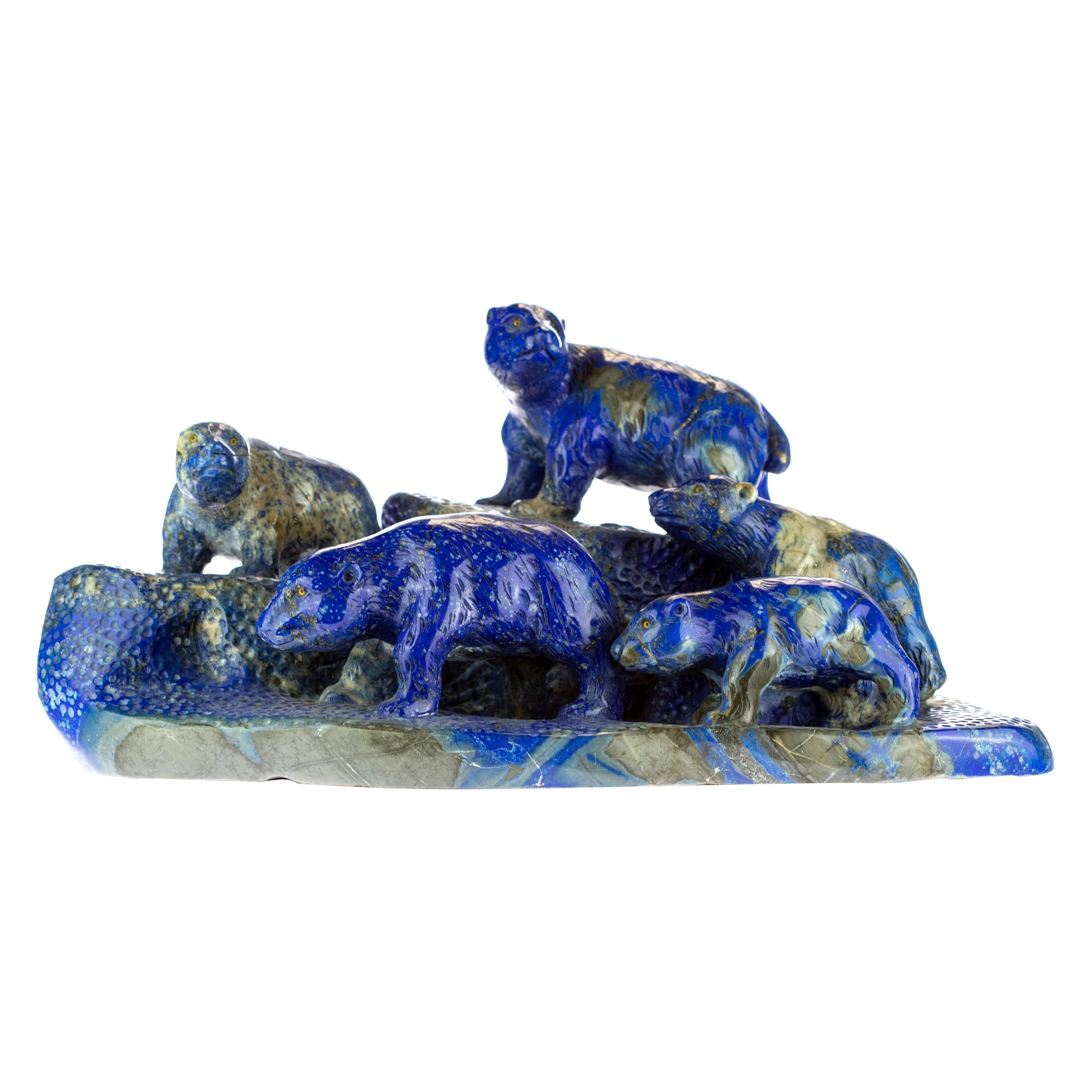 Lapis Lazuli Blue Bears Family Carved Animal Artisanal Eastern Statue Sculpture For Sale