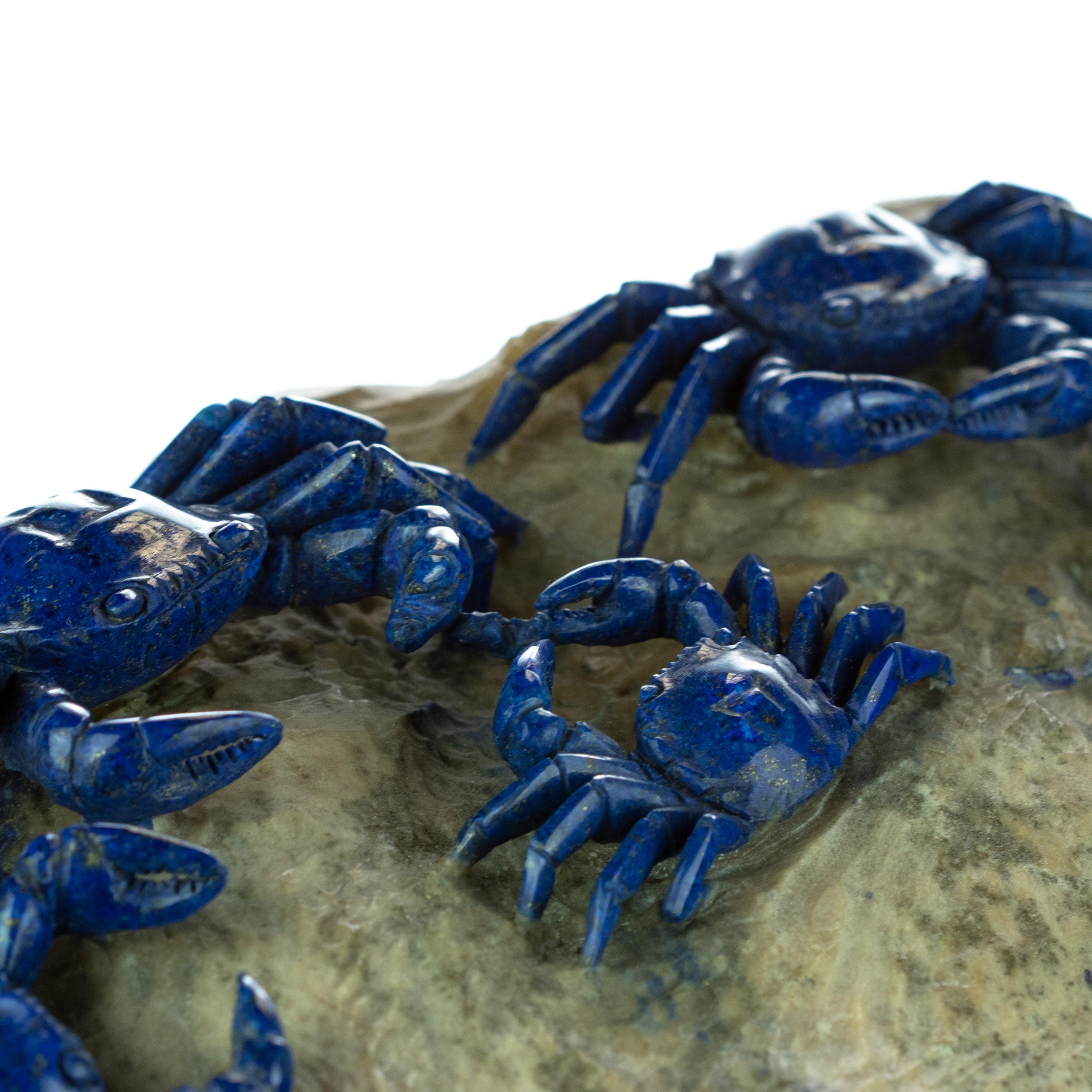 Hand-Carved Lapis Lazuli Blue Crab Carved Animal Artisanal Eastern Crabs Statue Sculpture
