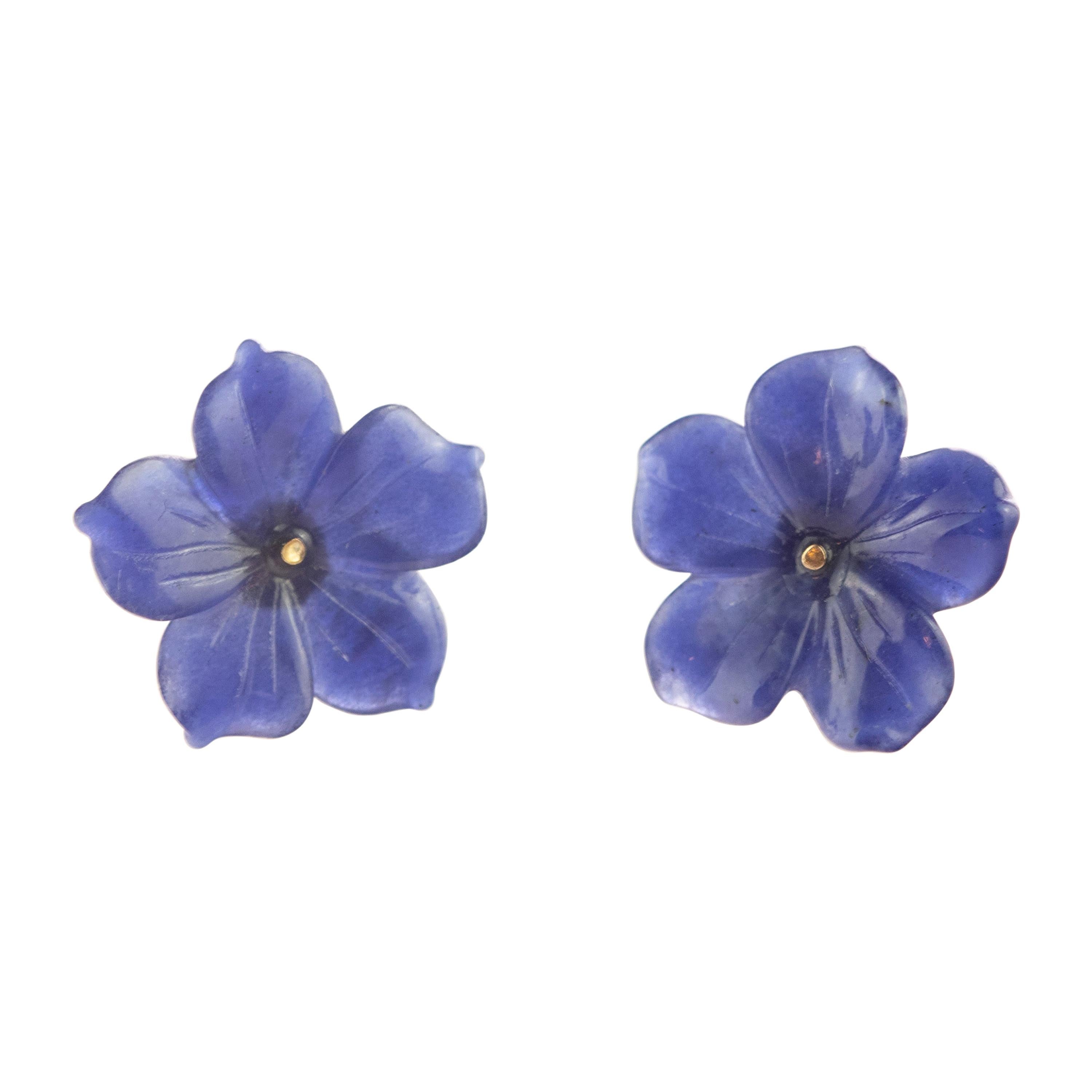 Lapis Lazuli Blue Flower Handmade 14 Karat Gold Italian Stud Handmade Earrings For Sale